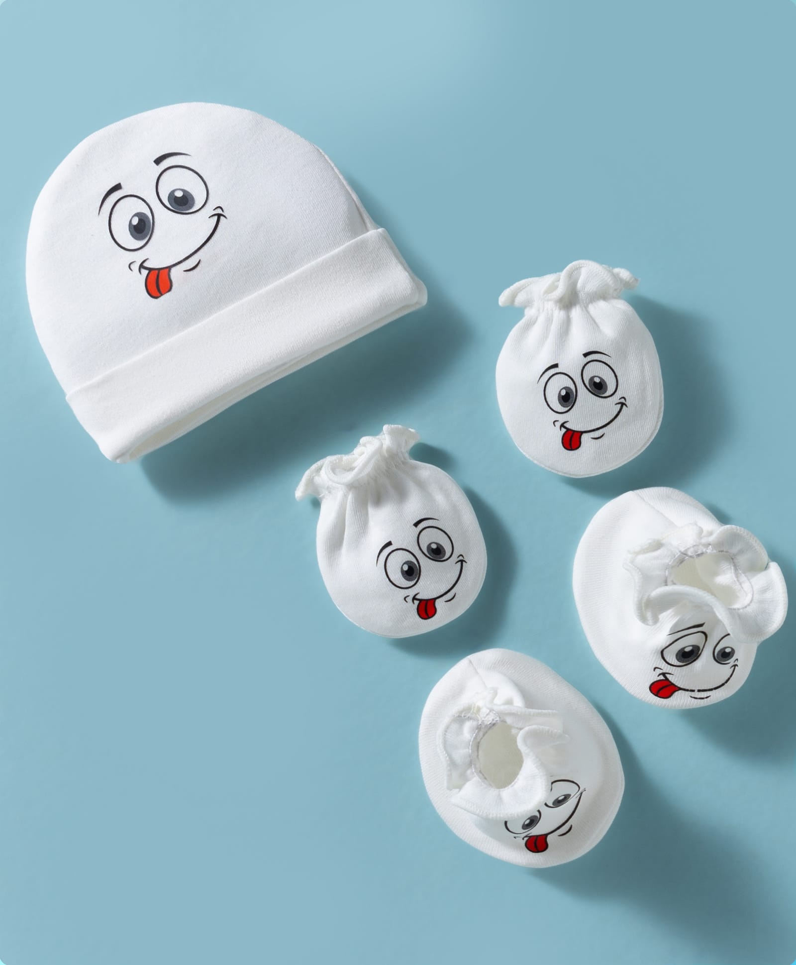 Bubble Pop Interlock Knit Cap Mitten & Booties With Face Print White - Diameter 14 cm-picture-27
