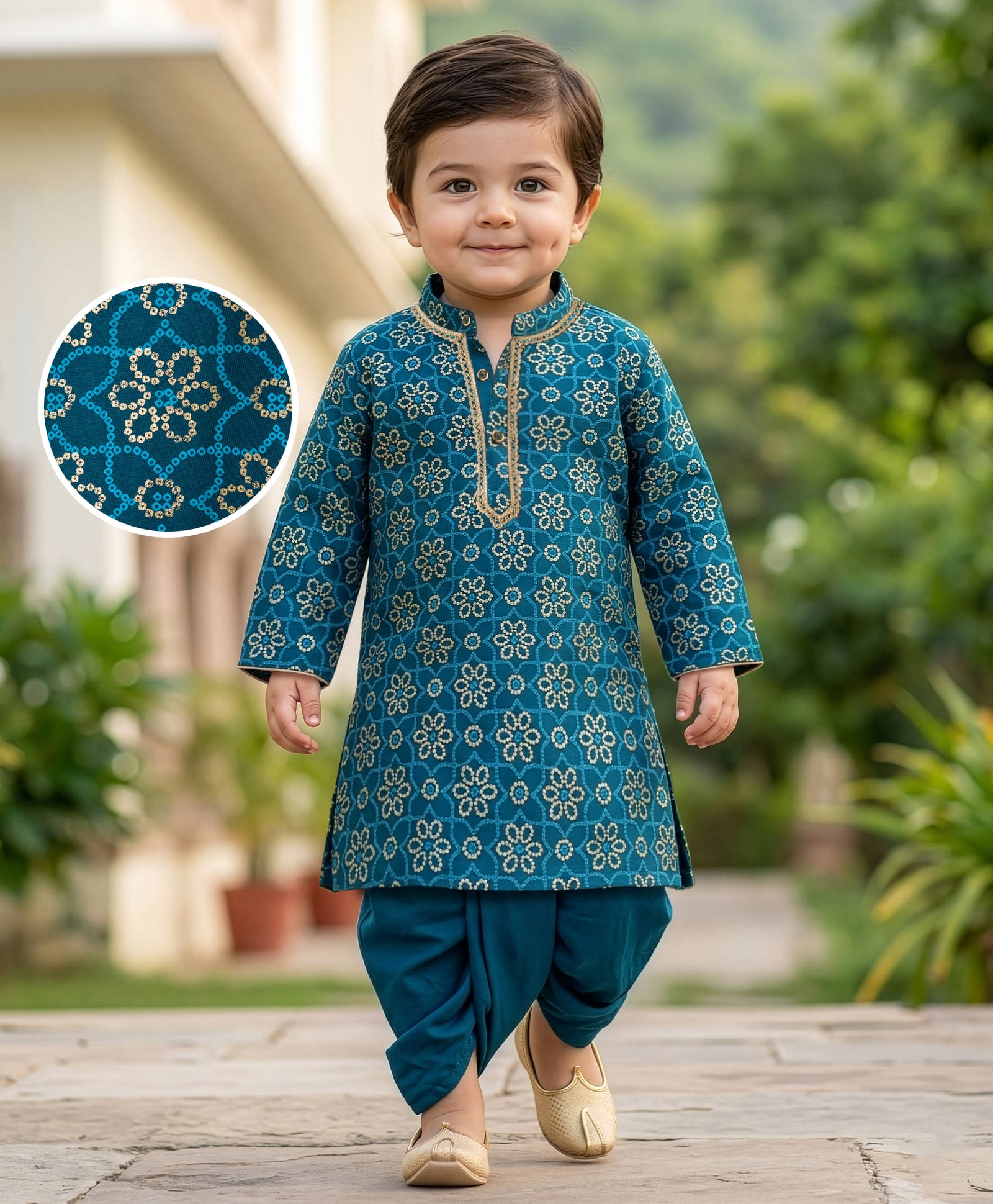 EARTHY TOUCH Cotton Jersey Knit Full Sleeves Kurta Dhoti Set With Floral Foil Print - Teal Blue-picture-24
