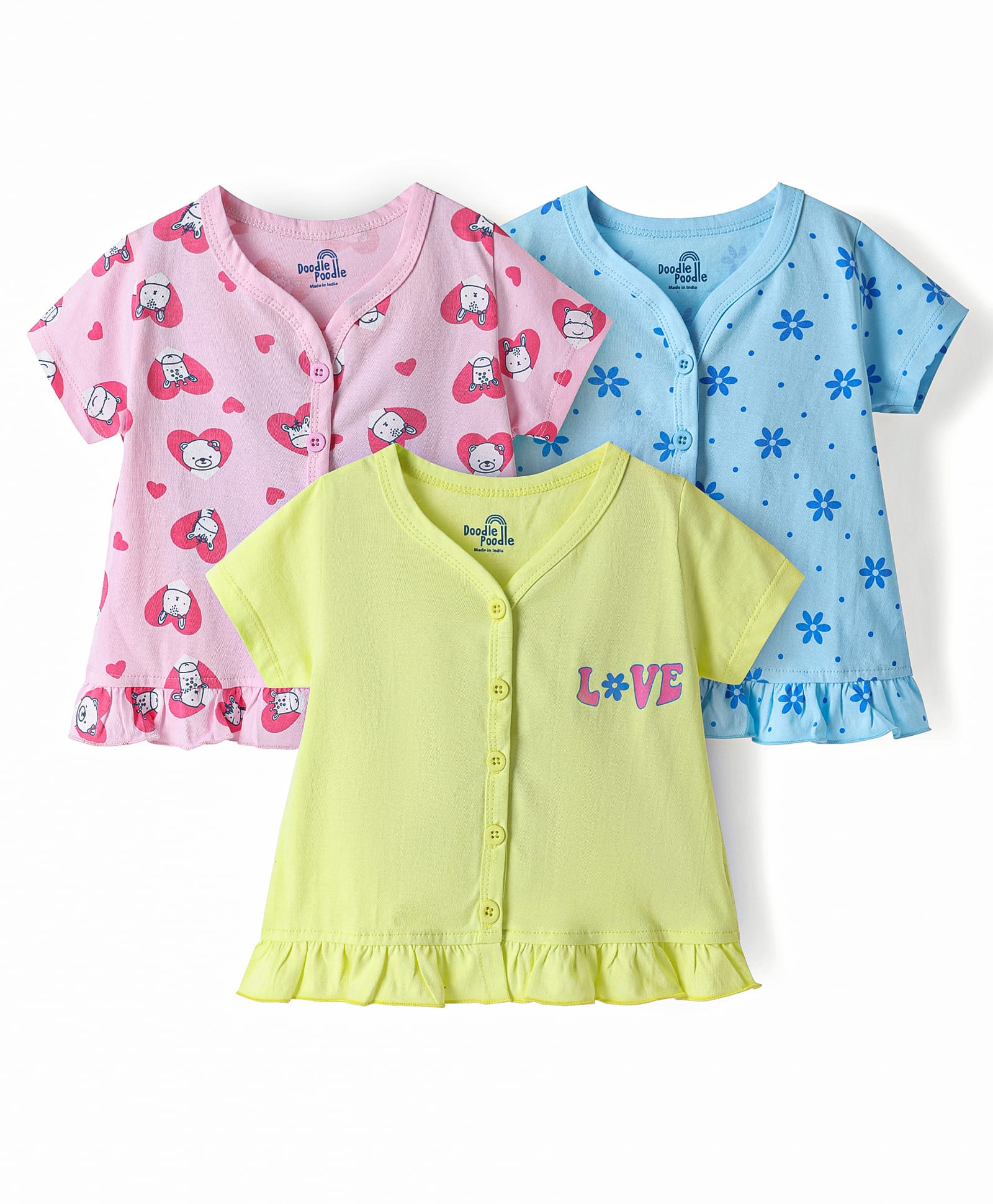 Doodle Poodle Single Jersey 100% Cotton Knit Half Sleeves Jhablas with Bear & Floral Print Pack of 3-Lime Blue & Pink-image-23