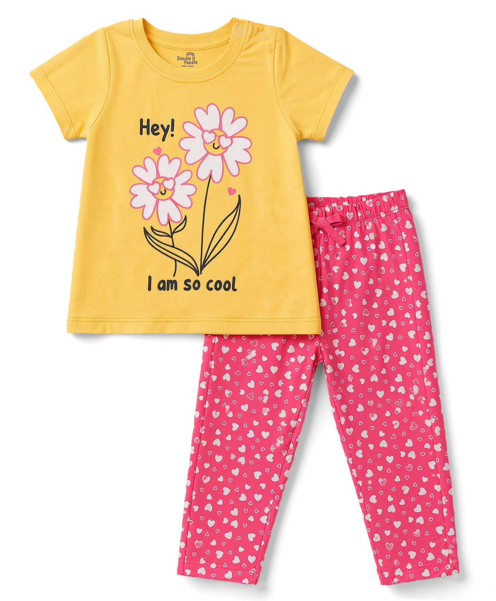 Doodle Poodle 100% Cotton Knit Half Sleeves Floral & Hearts Printed T-Shirt & Pyjama Night Suit - Yellow & Pink-image-38