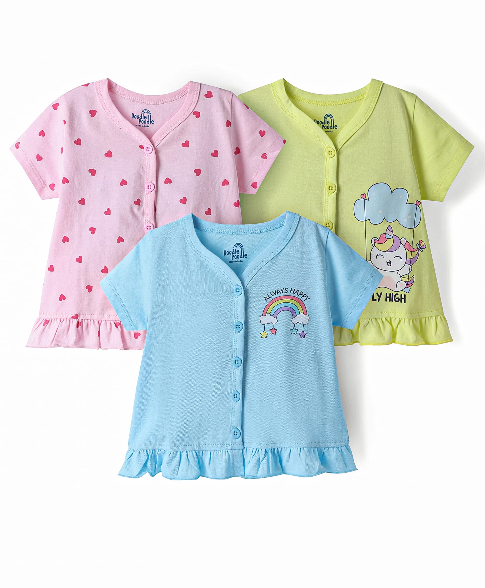 Doodle Poodle 100% Cotton Knit Half Sleeves Hearts & Unicorn Theme Printed Jhablas Pack Of 3 - Pink Light Blue & Green-picture-22