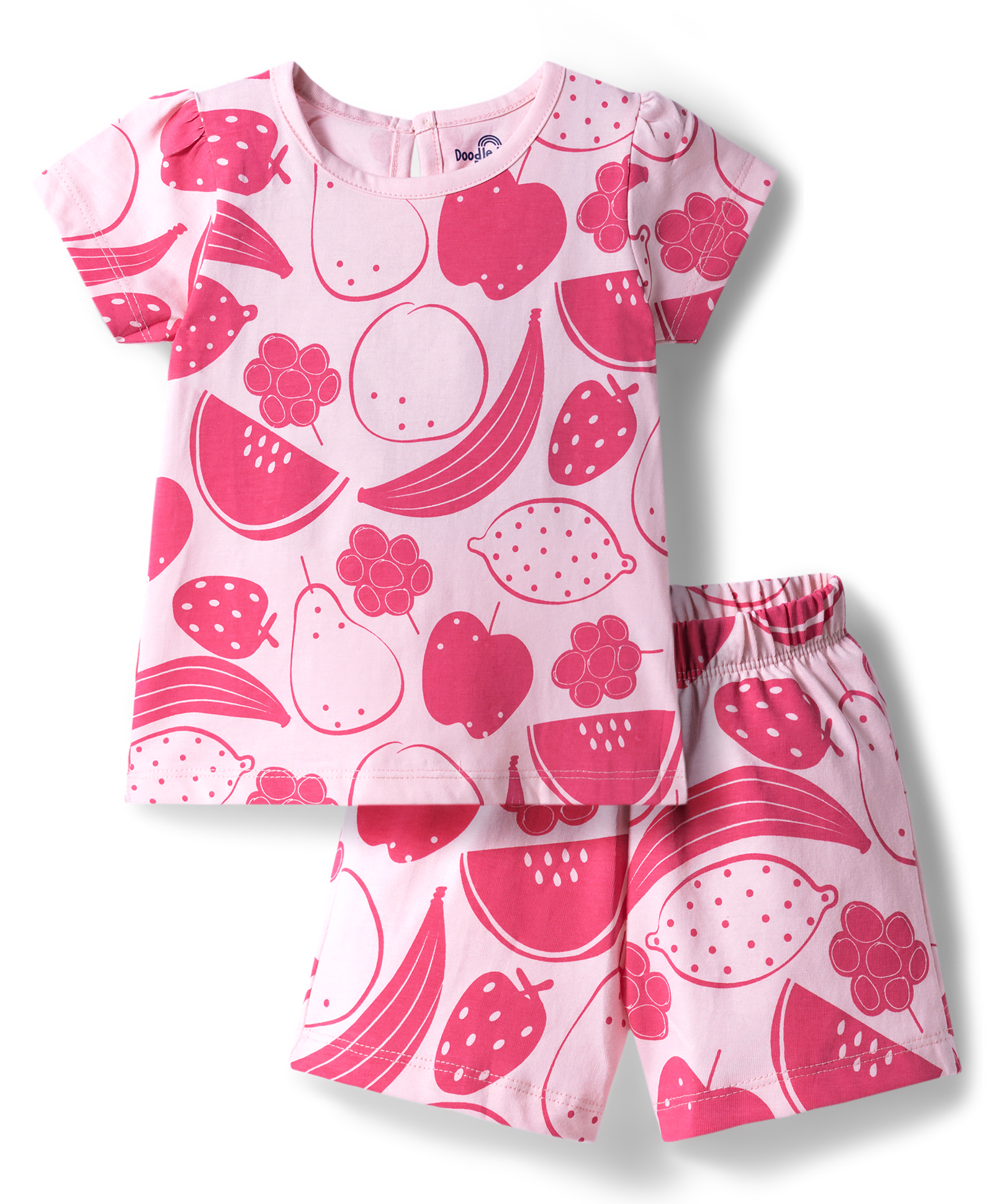 Doodle Poodle 100% Cotton Knit Half Sleeves Top & Shorts Co-ord Night Suit with Fruit Print - Pink-image-27