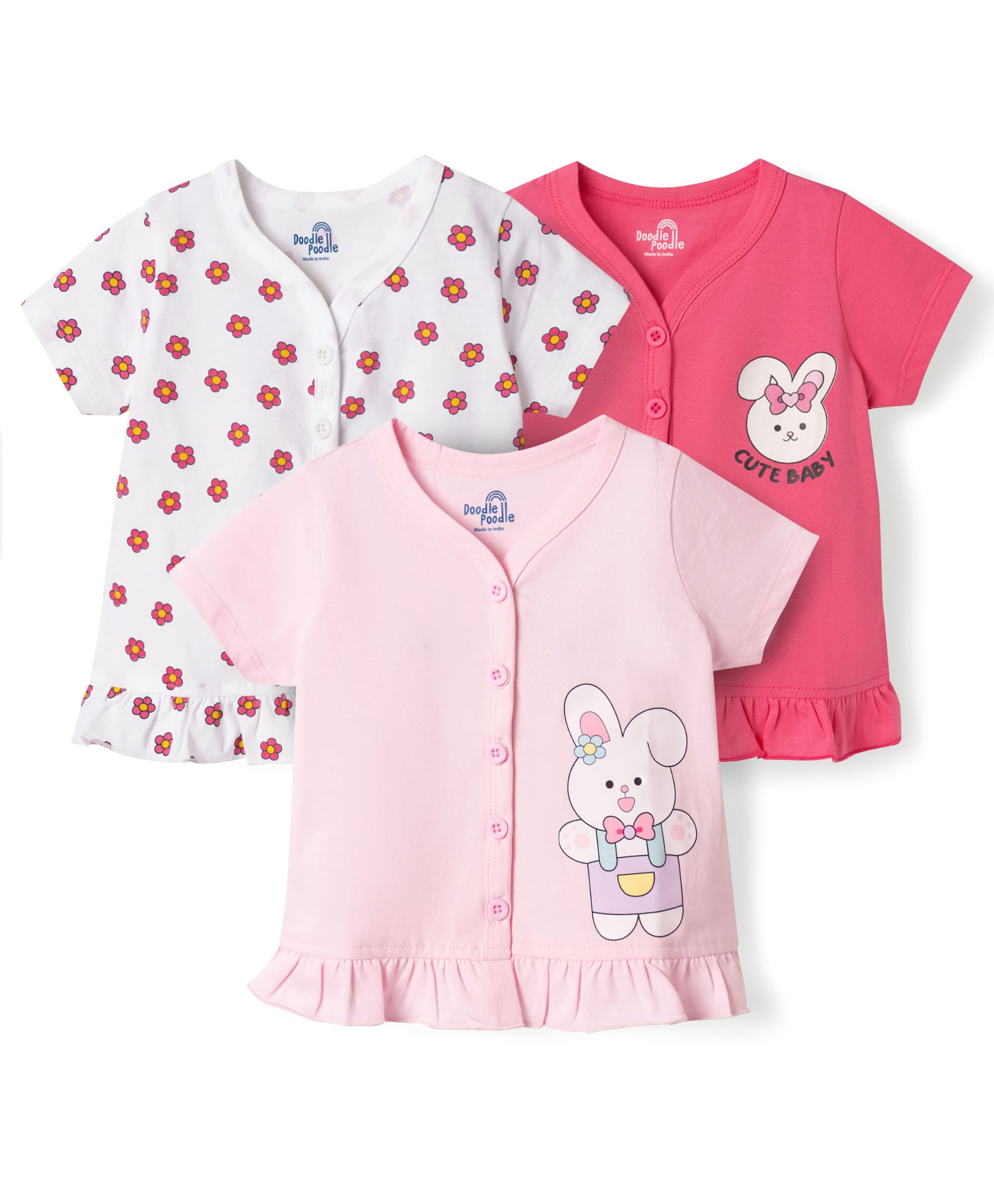 Doodle Poodle 100% Cotton Single Jersey Knit Half Sleeves Jhablas With Floral & Bunny Print Pack of 3 - White & Pink-picture-27