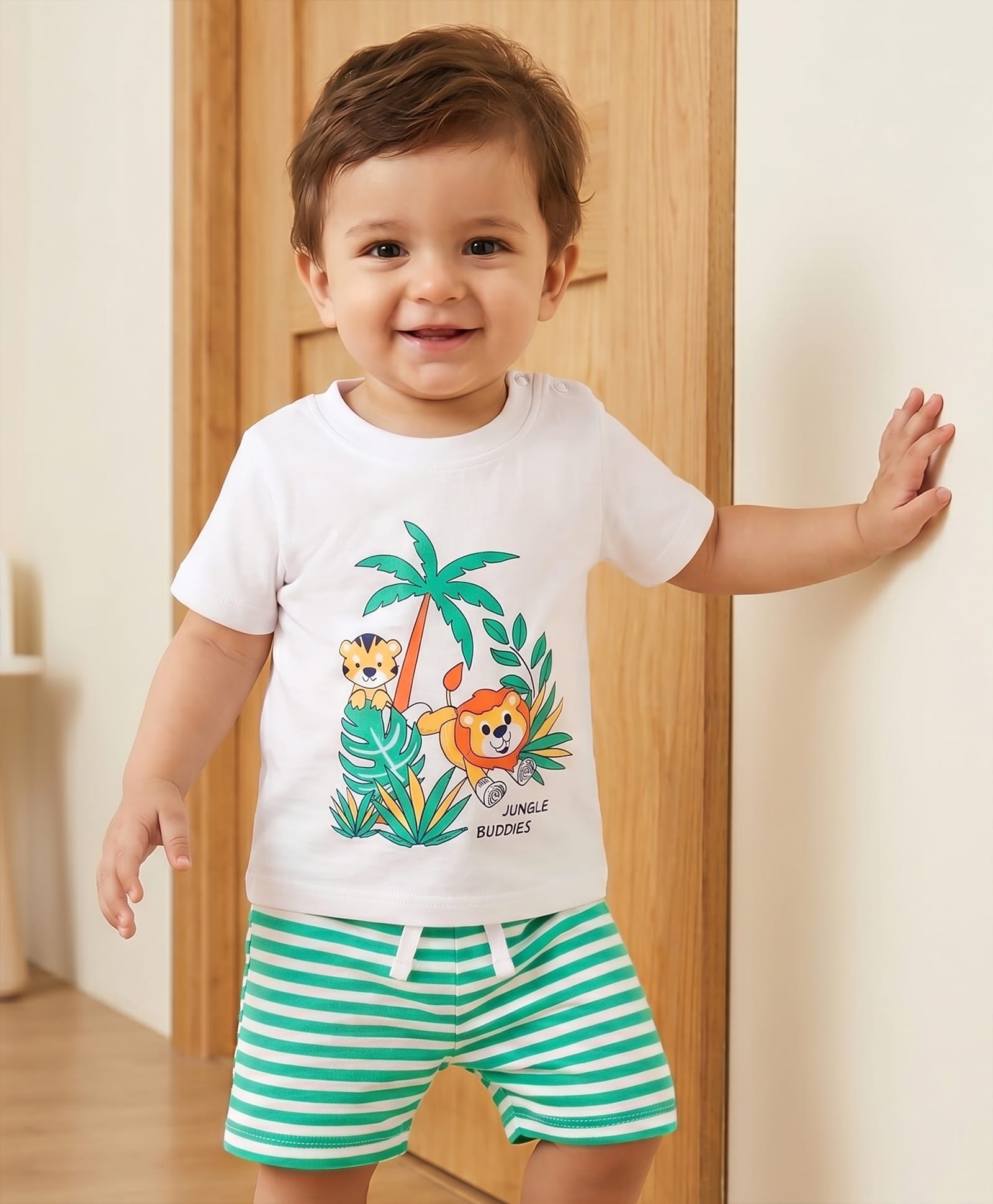 Doodle Poodle 100% Cotton Single Jersey Knit Half Sleeves Jungle Theme Printed T-Shirt & Shorts Night Suit - Green & White-image-34