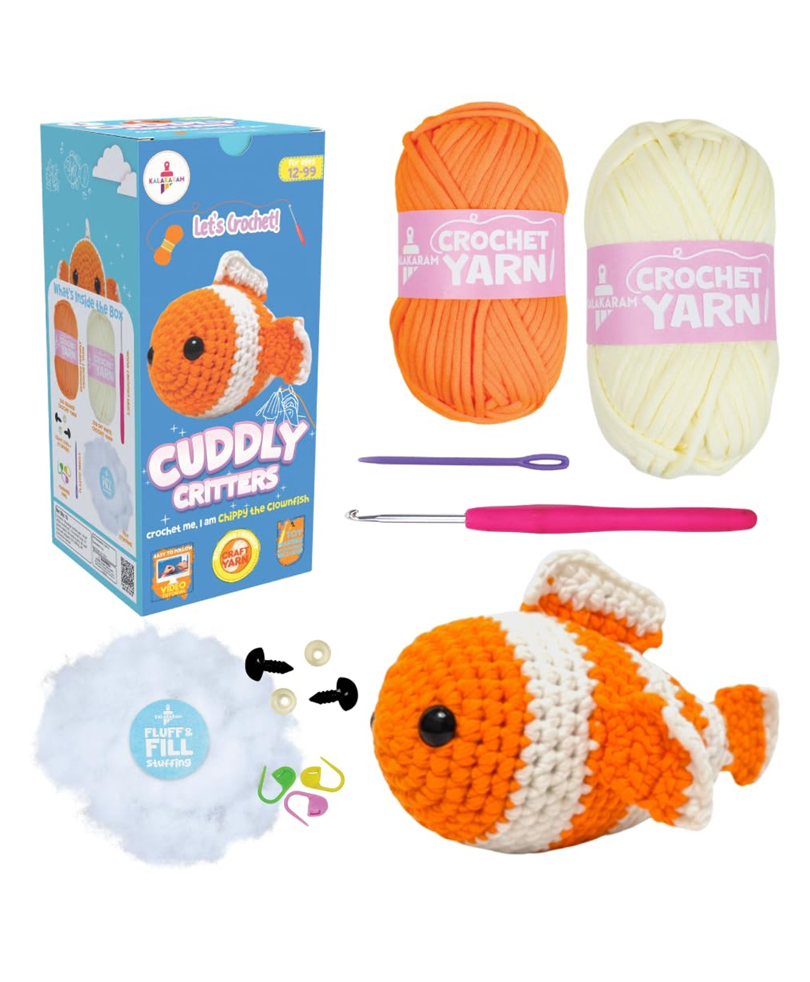 Kalakaram Crochet Kit for Beginners Make Crochet Animals | Amigurumi DIY Kit | Easy Crochet Starter Kit with Special Yarn, Hook, Stuffing, Eyes & Step-by-Step Videos | Cuddly Critters Clown Fish-picture-10