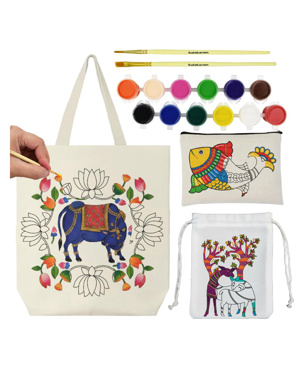 Asian Hobby Crafts Ethnic Art Painting Kit on Fabric DIY Craft Set to Learn Madhubani, Gond & Pichwai | Printed Fabric Art Kit for Kids, Boys & Girls | Cultural Painting Kit for Beginners-image-4