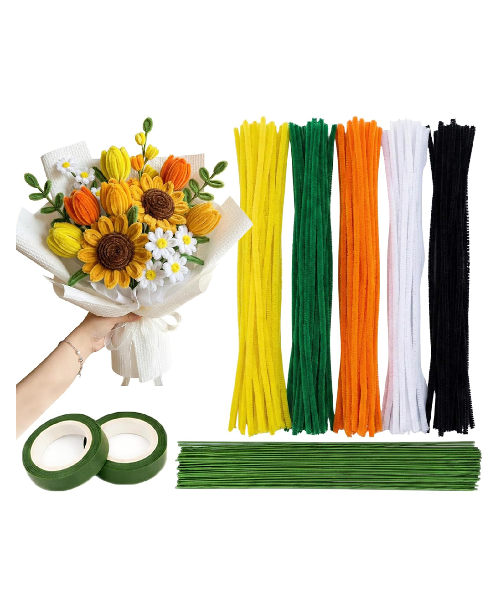 Asian Hobby Crafts 160+ Pcs Pipe Cleaners for Craft Flower Making Set Fuzzy Chenille Stems & Fluffy Sticks With Floral Tape & Wire for Kids Arts & Craft, School Supplies, Home & Party Decor-image-40