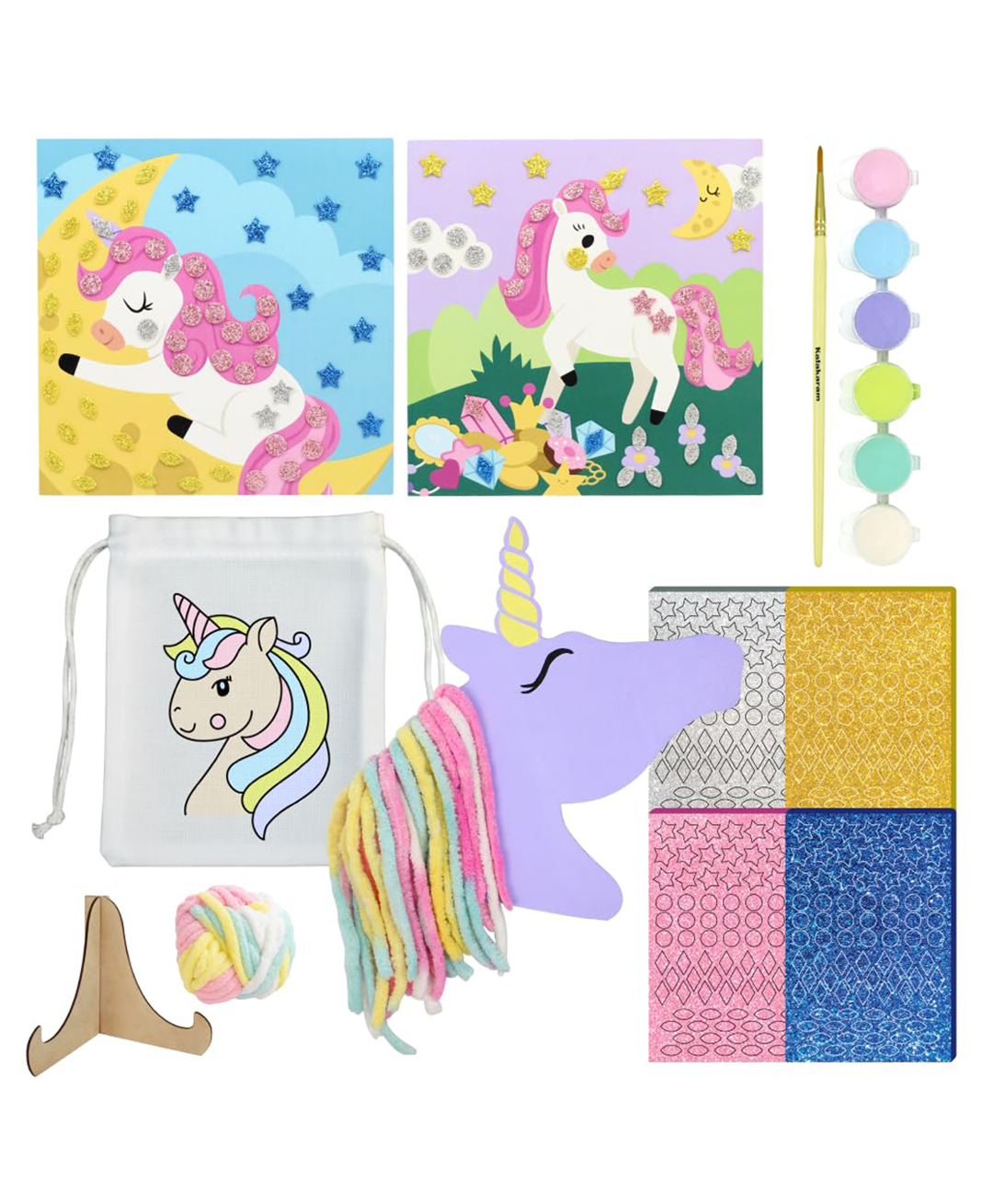 Kalakaram 3-in-1 Unicorn Craft Kit for Kids & Adults | DIY Arts & Crafts Gift Box with Glitter Foam Mosaic Art, Pouch Painting & Yarn Knotting | Birthday Gift for Girl Ages 5+-image-0