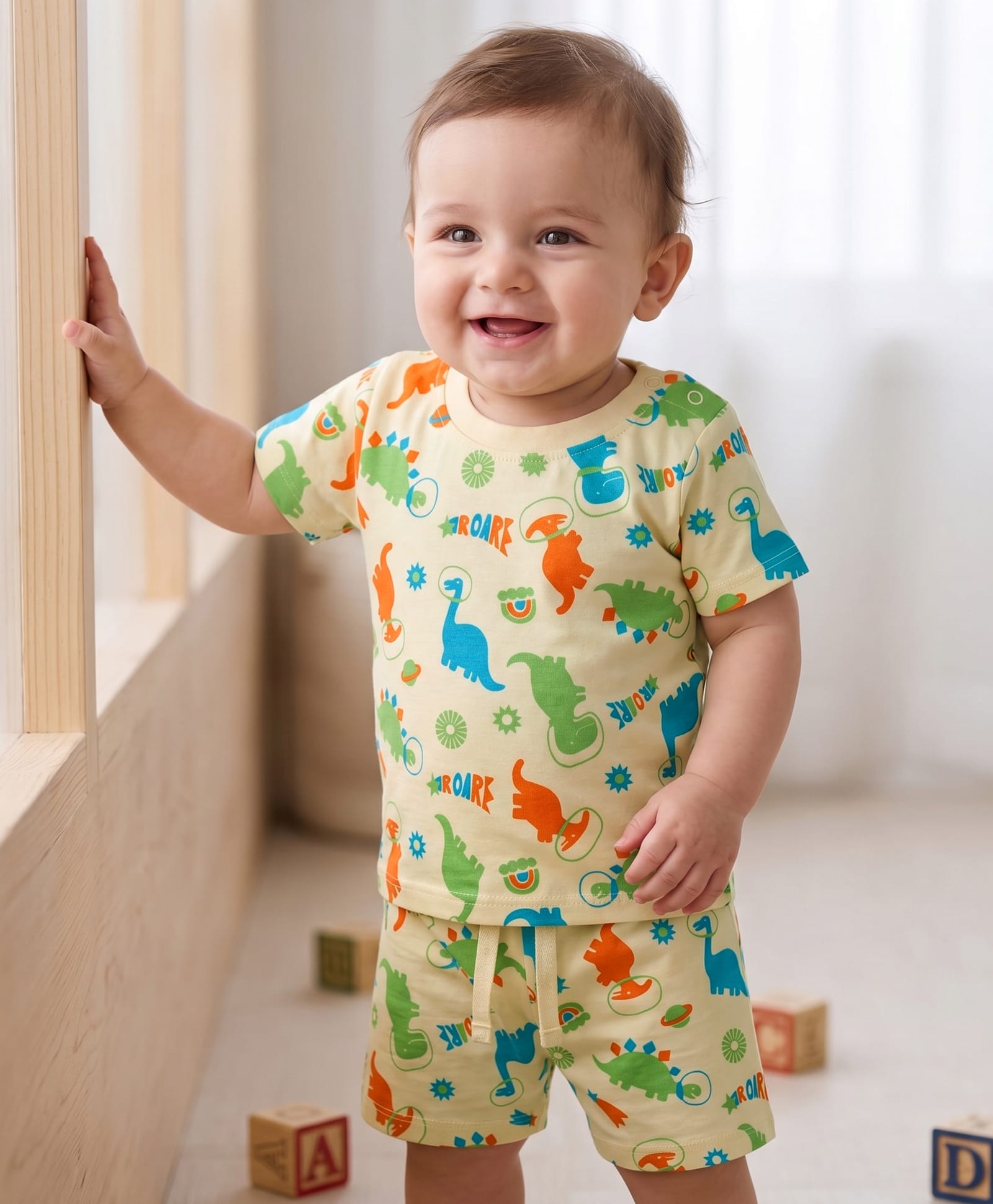 Doodle Poodle 100% Cotton Knit Half Sleeves Dino Printed Co-Ords T-Shirt & Shorts Night Suit- Yellow-image-37