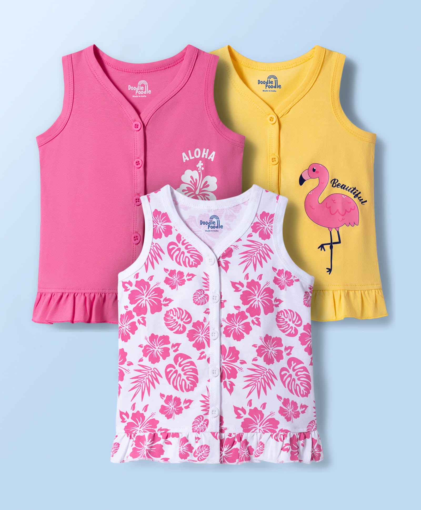 Doodle Poodle 100% Cotton Single Jersey Knit Sleeveless Jhablas With Floral & Flamingo Print Pack of 3 - Pink & Yellow-picture-25