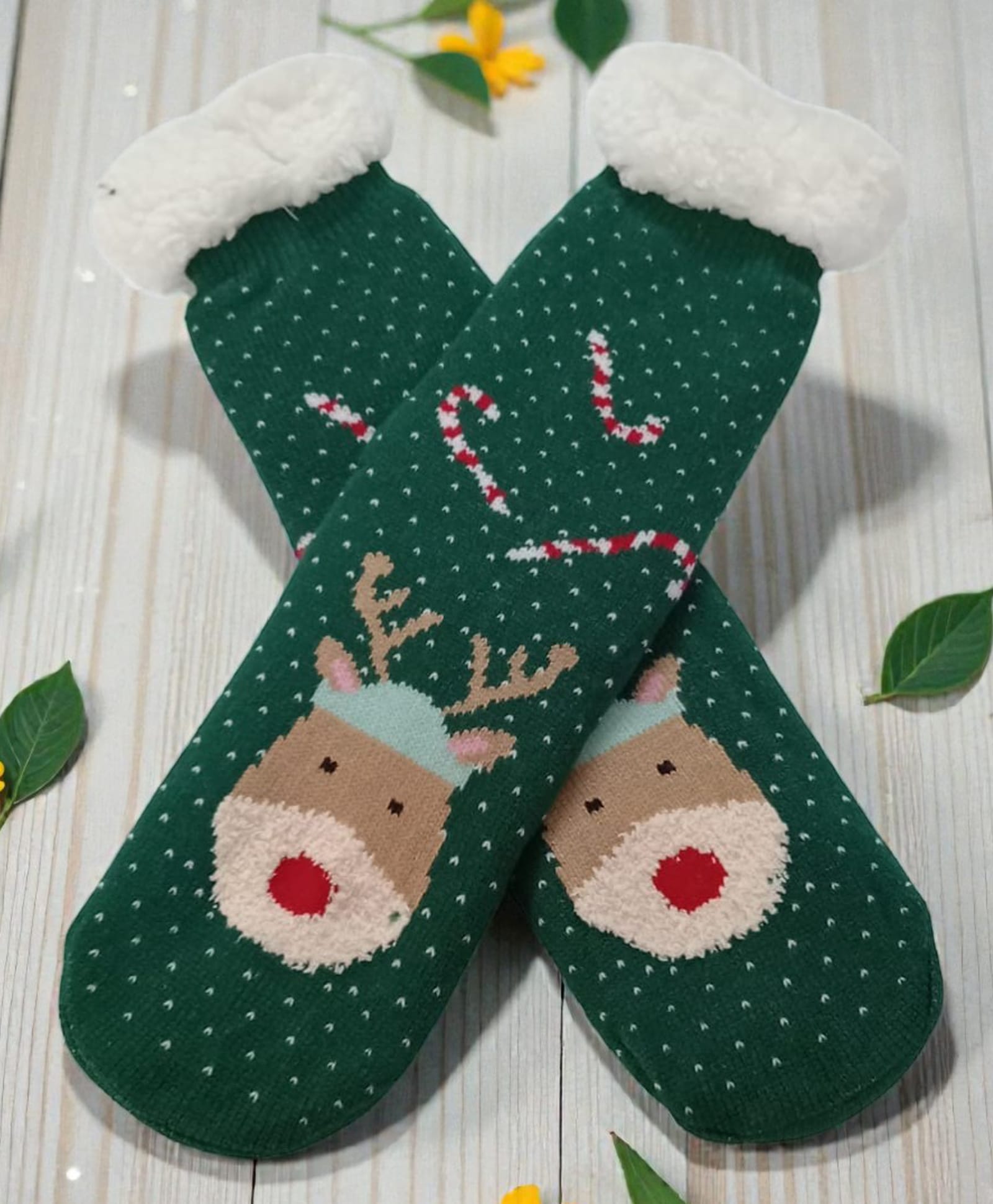Butterthief Woollen Knit Christmas Theme Reindeer Designed Anti Skid Socks - Dark Green-image-30