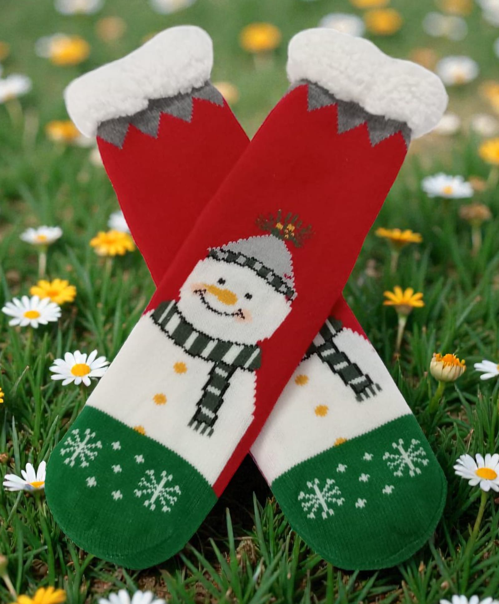 Butterthief Woollen Knit Christmas Theme Snowman Designed Anti Skid Socks - Red & White-picture-26