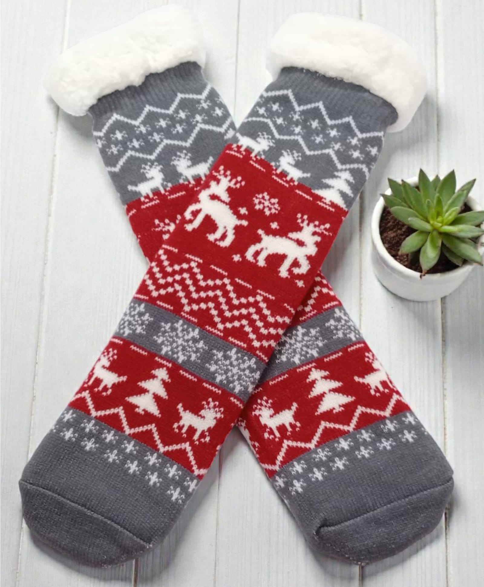 Butterthief Woollen Knit Christmas Theme Reindeer Designed Anti Skid Socks - Grey & Black-image-0