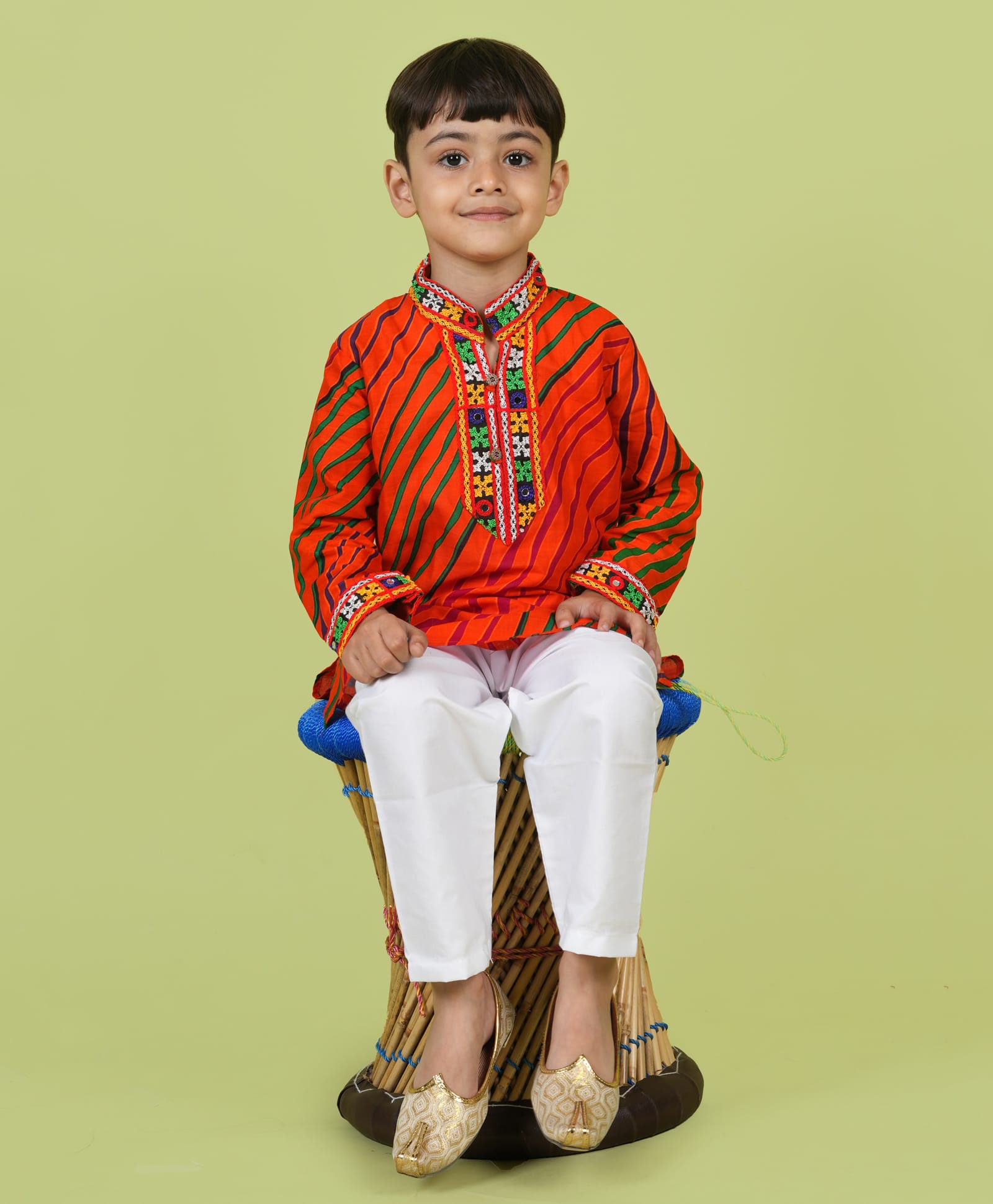 Banjara India Cotton Woven Full Sleeves Leheriya Printed Kurta & Pyjama Set - Orange-image-15