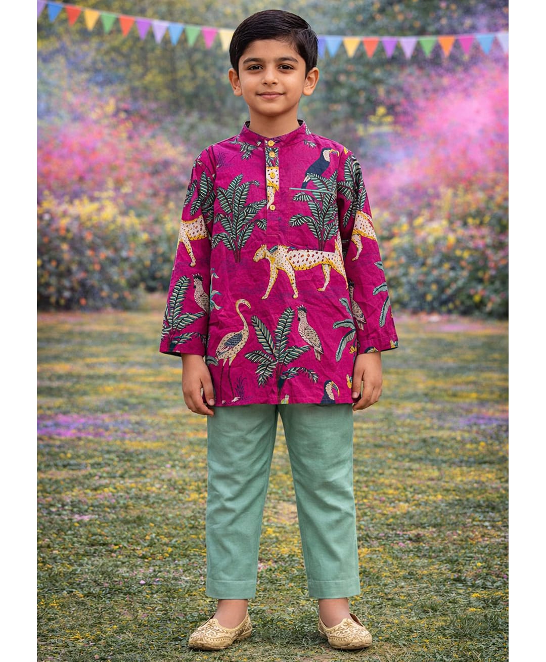 Pspeaches Cotton Woven Full Sleeves Animal & Birds Printed Kurta Pyjama Set - Pink-picture-27