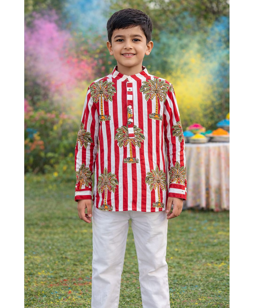 Pspeaches Cotton Woven Full Sleeves Striped & Palm Trees Printed Kurta Style Shirt - Red-picture-25