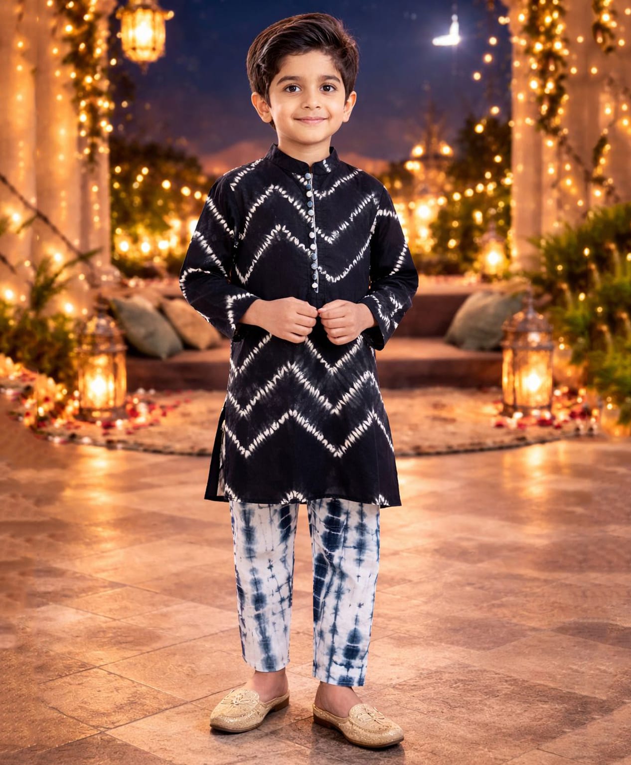 Pspeaches Cotton Woven Full Sleeves Tie Dye Chevron Designed Kurta & Pyjama Set - Black-picture-20