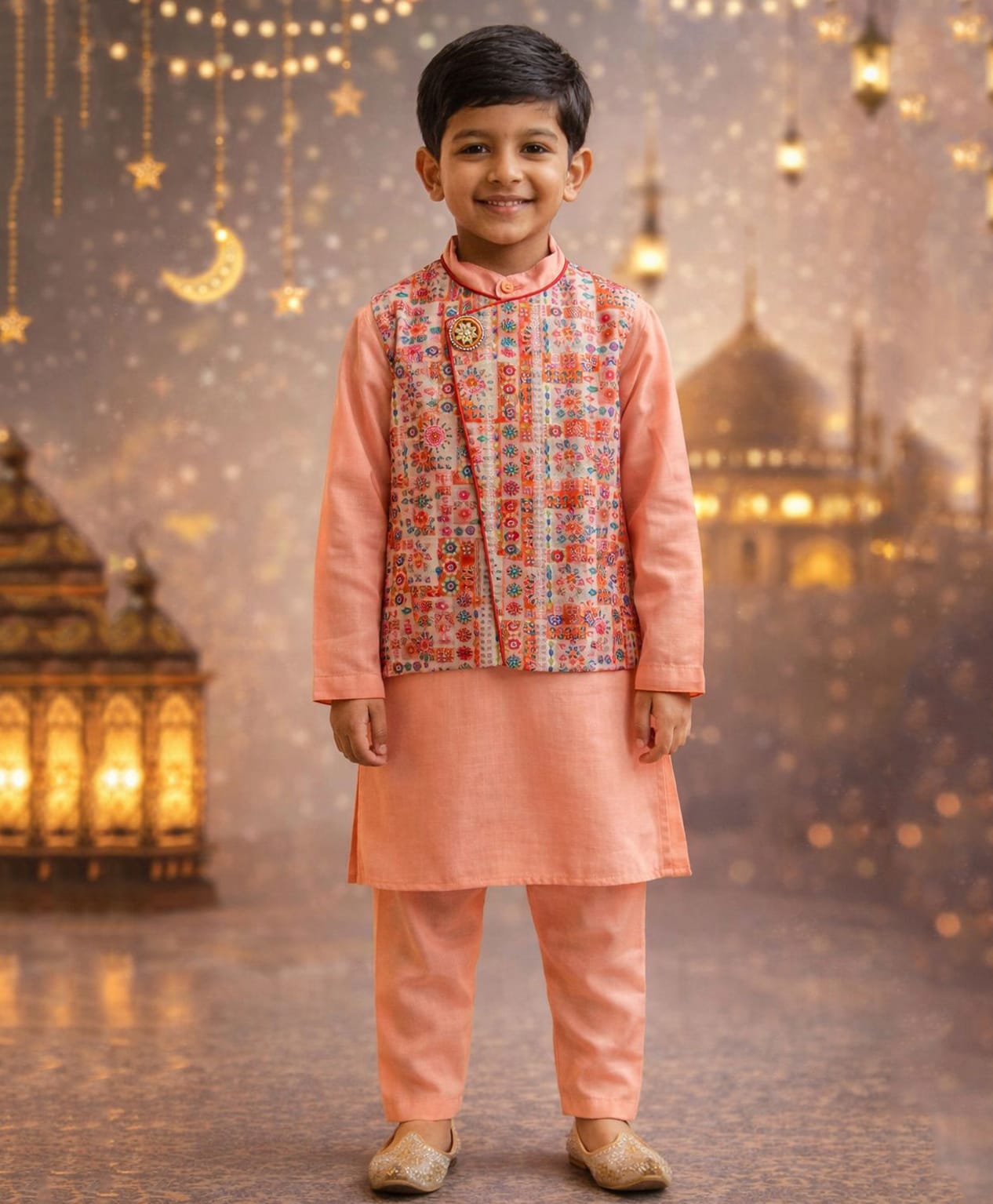 Pspeaches Chanderi Woven Full Sleeves Solid Kurta & Pyjama Set With Floral Printed Jacket - Peach-picture-28