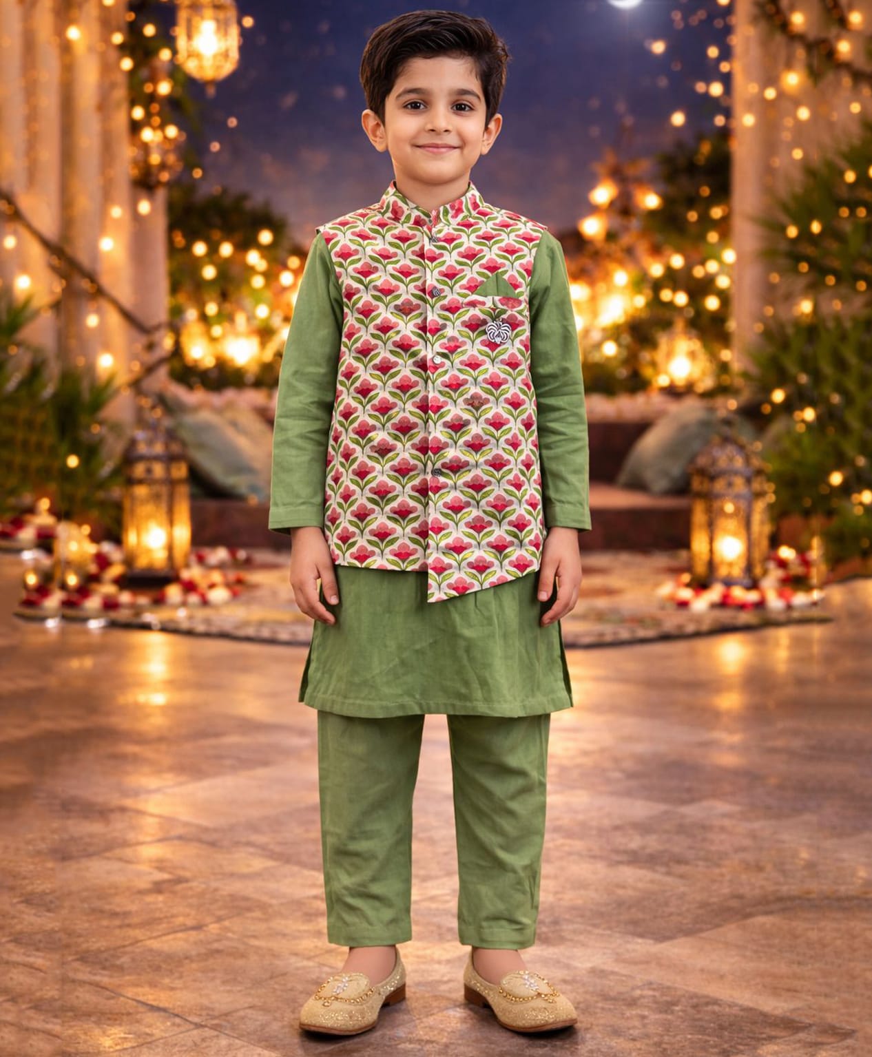 Pspeaches Cotton Woven Full Sleeves Solid Kurta & Pyjama Set With Floral Printed Jacket - Green-picture-25