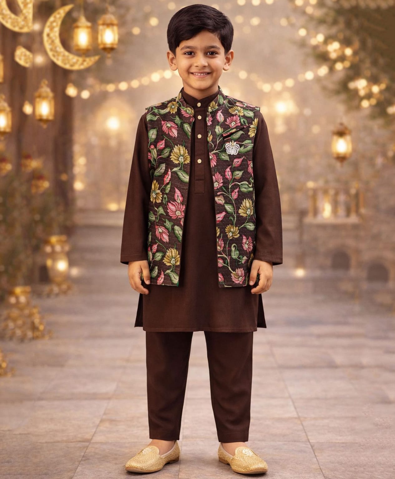 Pspeaches Rayon Woven Full Sleeves Solid Kurta & Pyjama With Floral Printed Jacket Set - Brown-picture-30