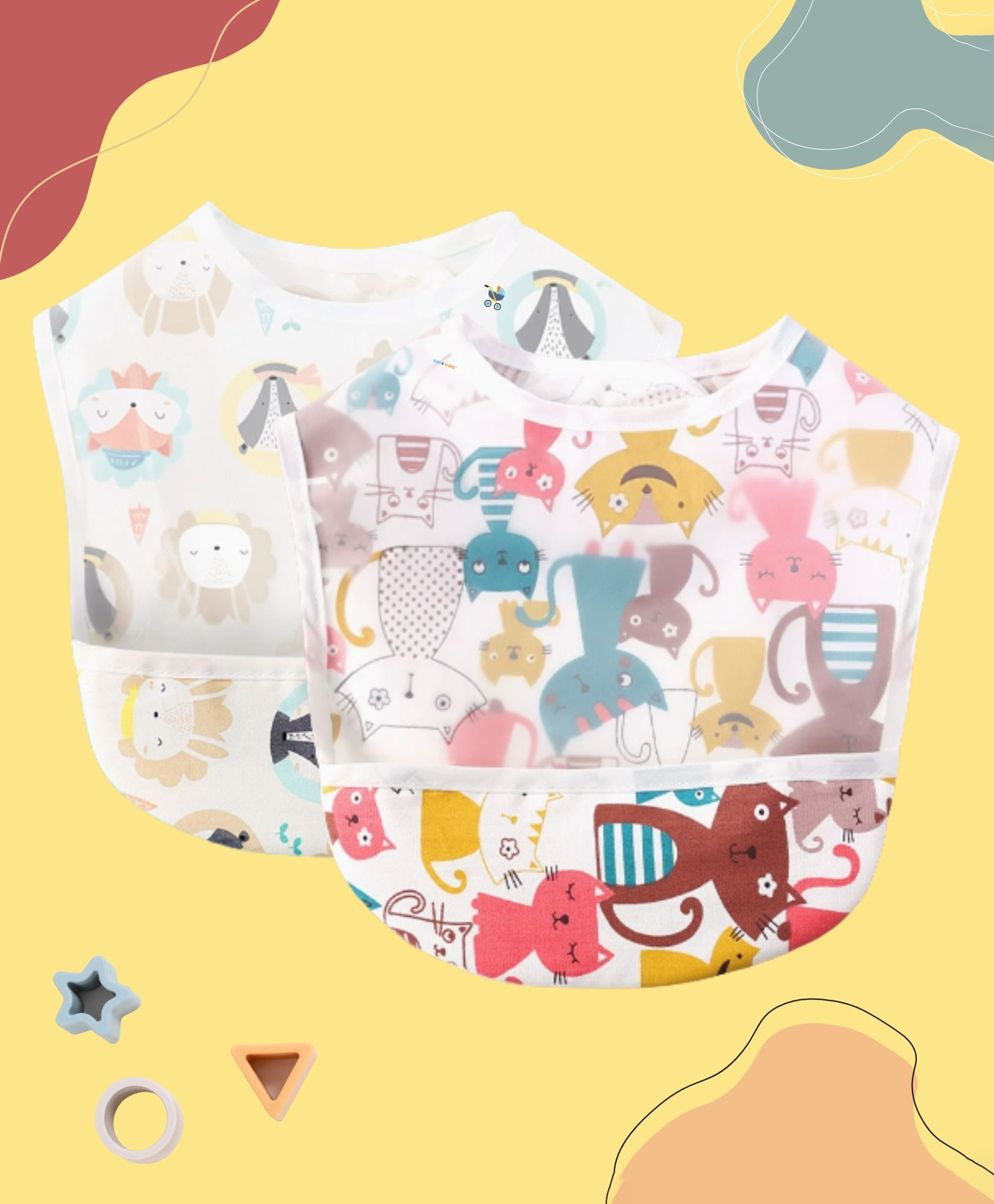 Sun & Shine Cotton Baby Feeding Bibs, Cute Animal Pattern Design, White with Pastel Colors, 6-12 Months | Waterproof Bib upto 24 months, Boys & Girls | Soft & Resuable Adjustable Bib - Pack of 2-image-36