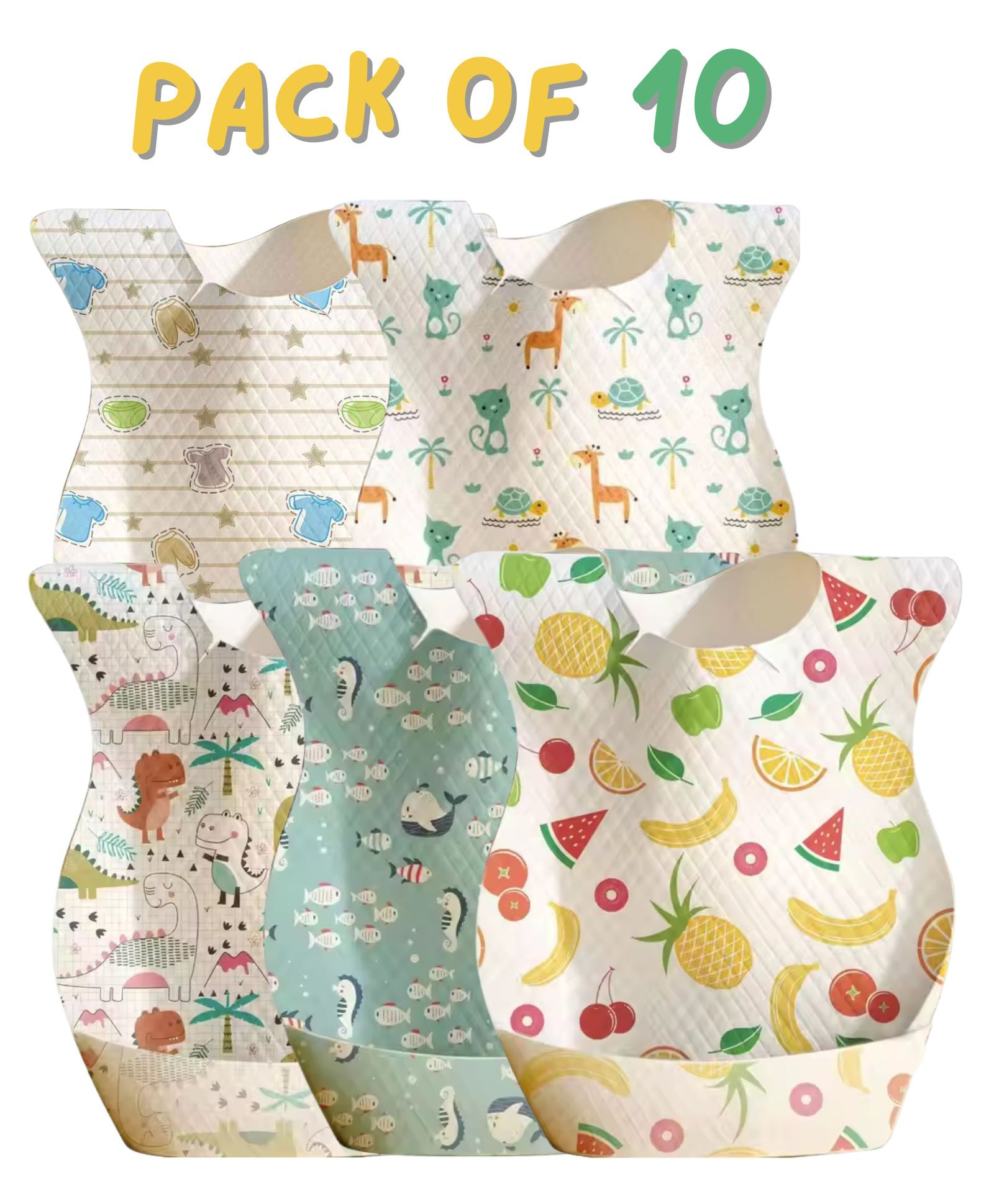 Sun & Shine Disposable Feeding Non Woven Bib, Cute Animal Pattern and Fruit Design, 6-12 Months | Waterproof Bib upto 24 months, Boys & Girls | Soft & Disposable Adjustable Bib - Pack of 10-image-7