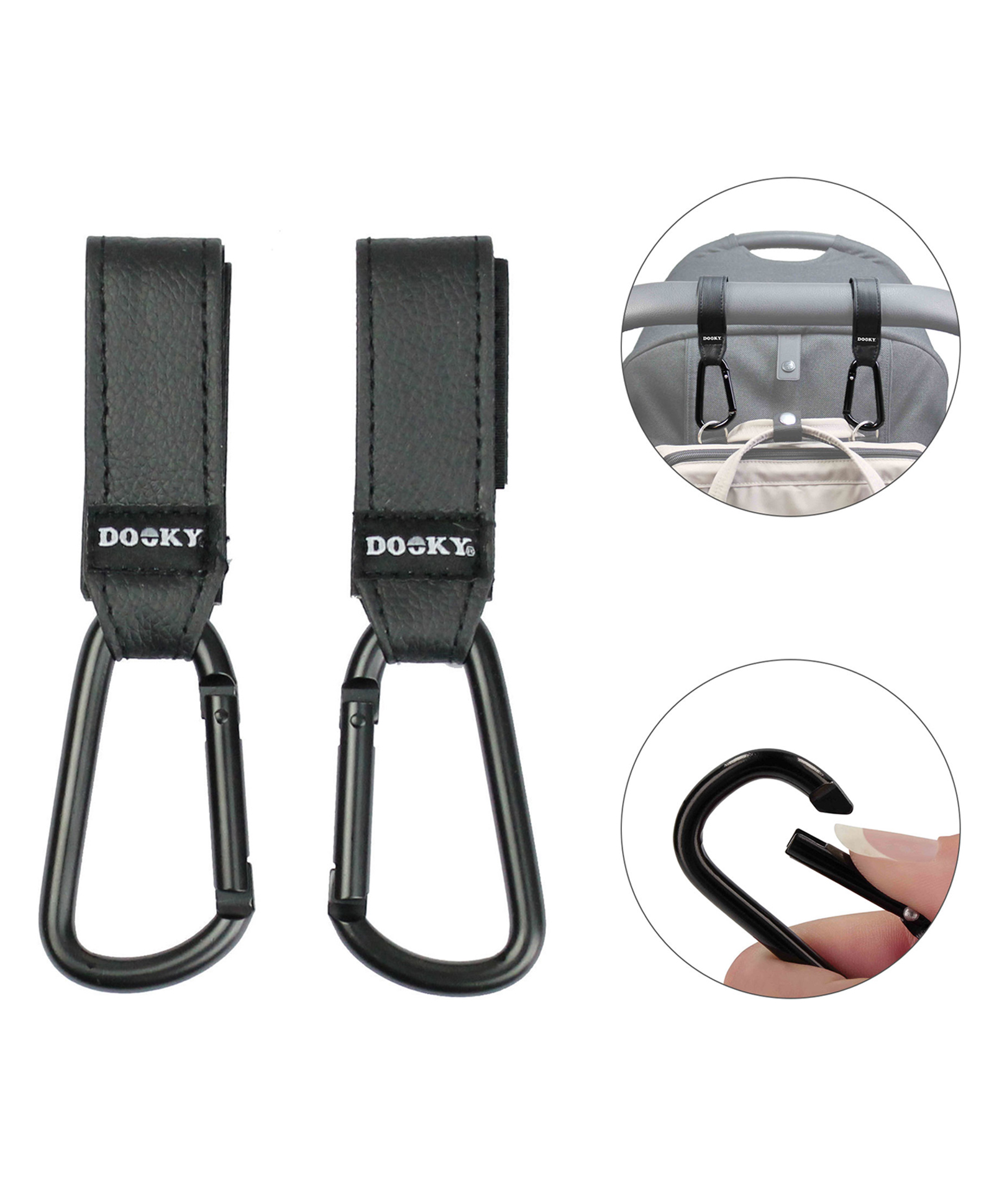Dooky Buggy Hook Small (2pcs) Black - Heavy Duty Stroller Hooks for Pram & Baby Stroller, 360° Rotating Adjustable Straps, Aluminium Carabiner Clip for Diaper/Nappy Bags, Shopping Bags & Handbags-image-1