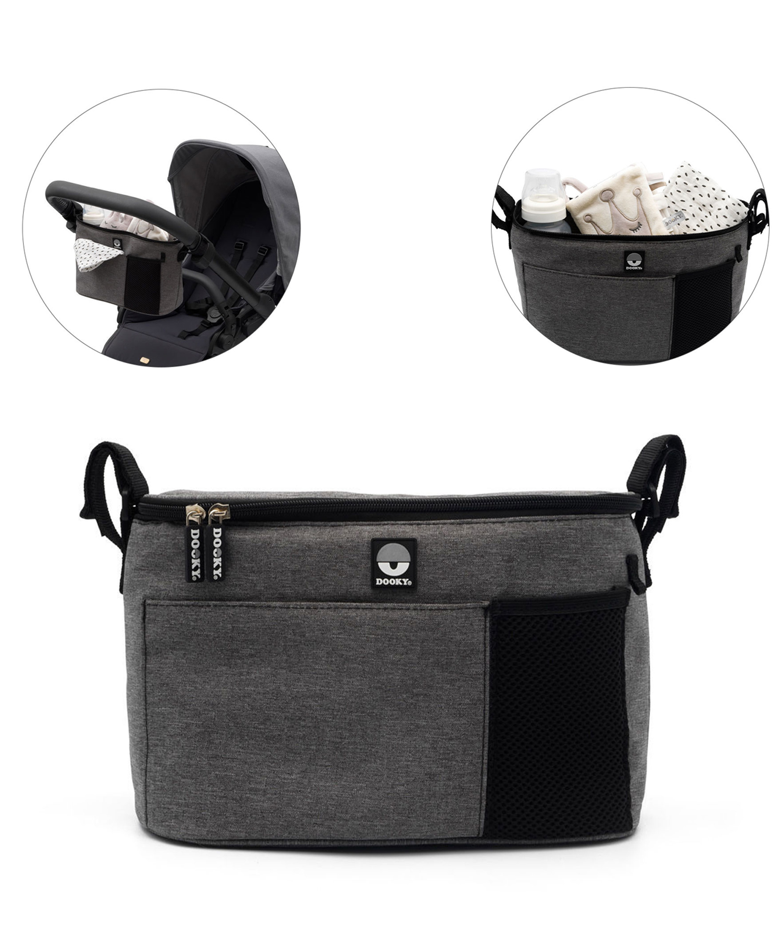 Dooky Organizer Deluxe Grey Melange - Universal Stroller Organizer Bag with Cup Holders & Zipper Pocket, Baby Pram Caddy Storage for Bottles, Diapers & Essentials, Fits Strollers & Pushchairs-picture-16