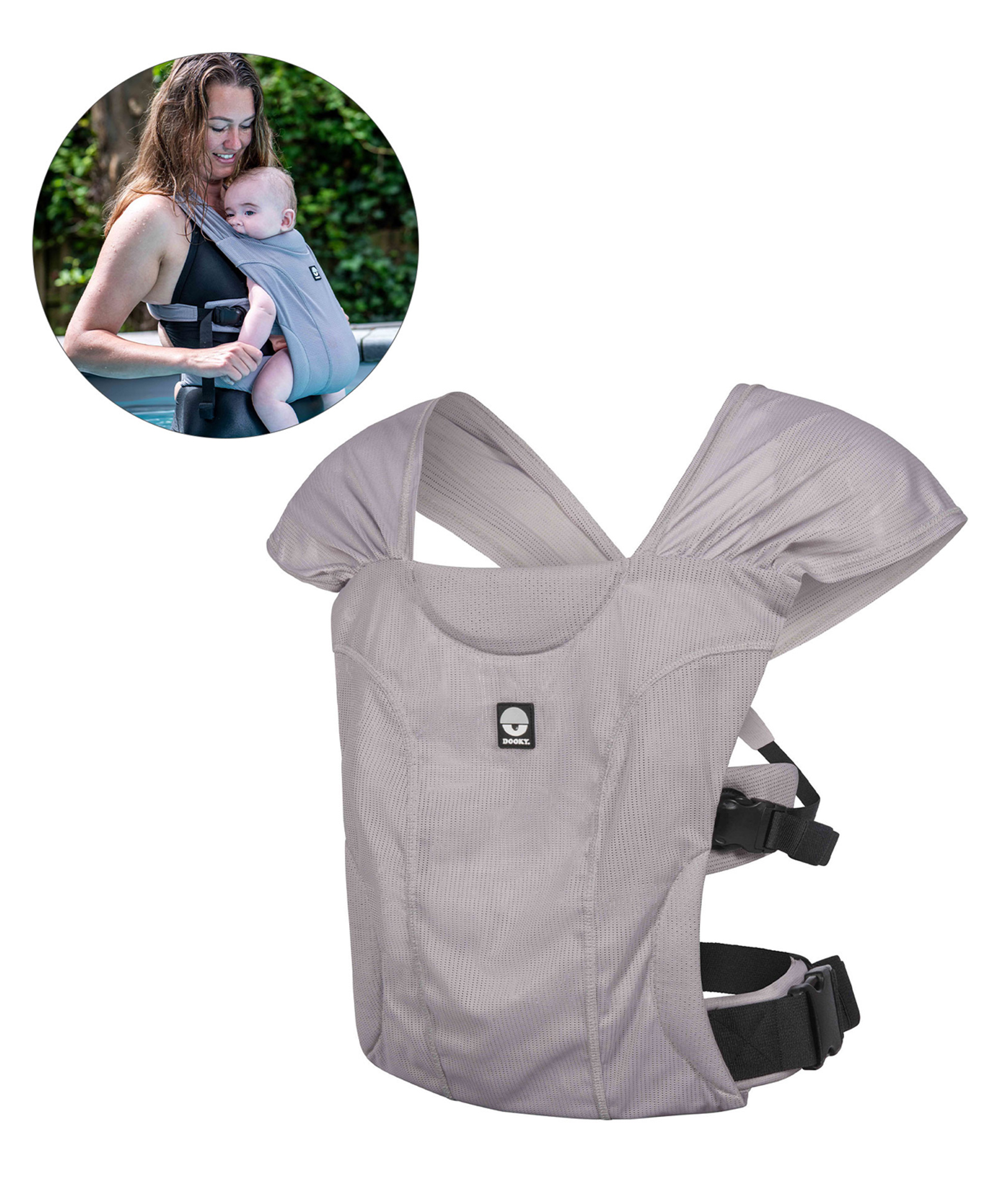 Dooky Splash Baby Carrier Lightweight & Breathable Newborn Sling Wrap, Ergonomic Infant & Toddler Carrier with Wide Shoulder Straps, Adjustable Waist Belt, Compact & Quick-Dry Design - Grey-image-8