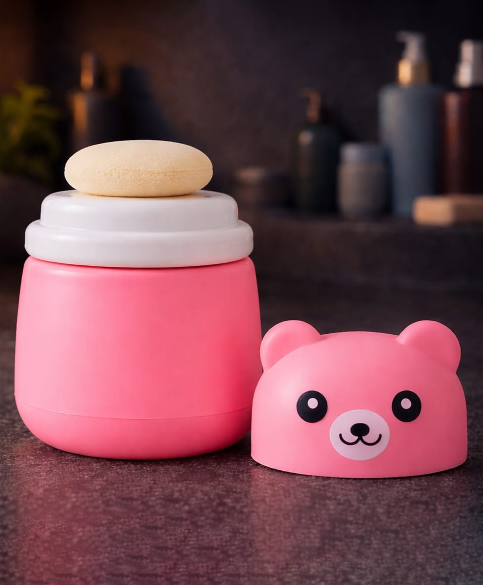 Baby Powder Puff with Storage Case Soft Sponge Powder Applicator for Newborn & Kids Cute Bear Design Skin Friendly Baby Powder Box ( Pink )-image-5
