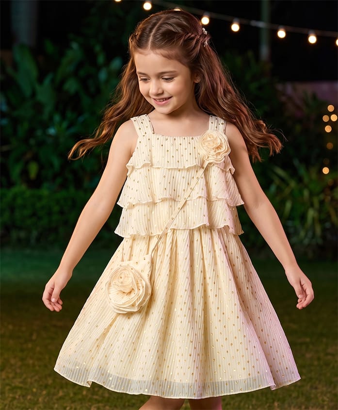 Hola Bonita Woven Foil Printed Tiered Sleeveless Party Dress With Pouch - Off White-image-1