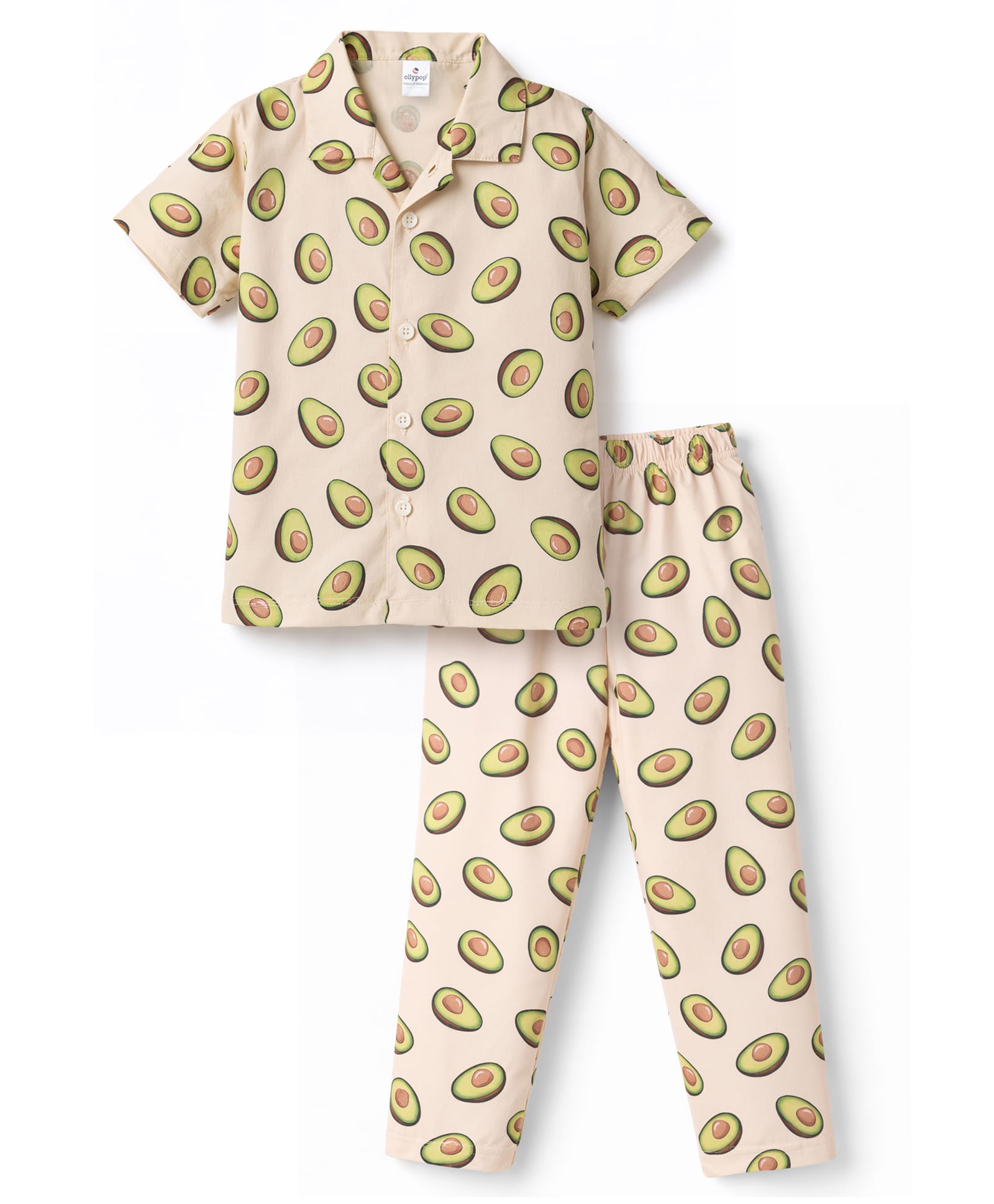 Ollypop Sinker Knit Half Sleeves Co-Ord Shirt & Pyjama Night Suit With Avocado Print - Beige-picture-9