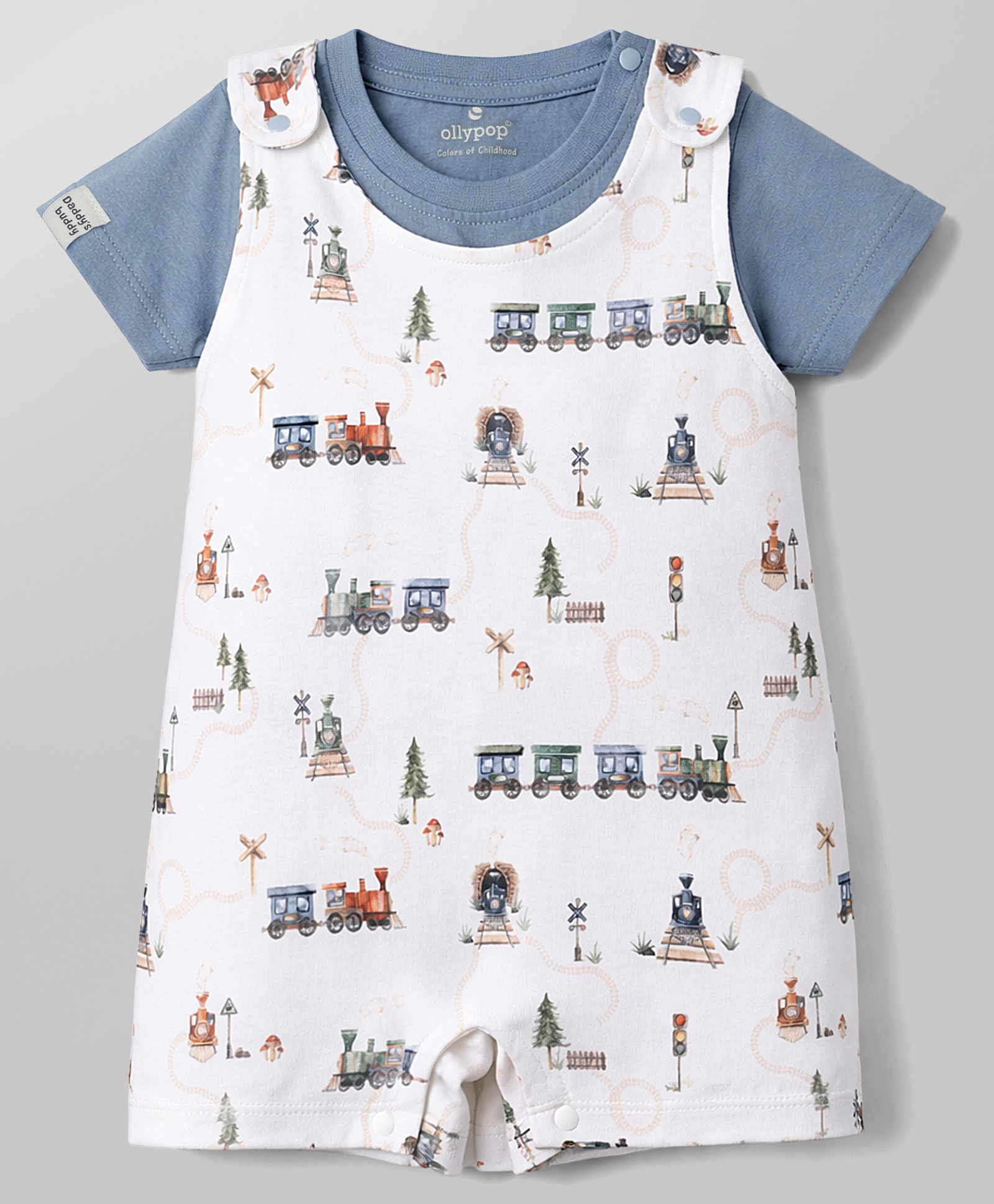 Ollypop Interlock Knit Dungaree & Half Sleeves Inner Tee with Train Print - Blue & Cream-image-37