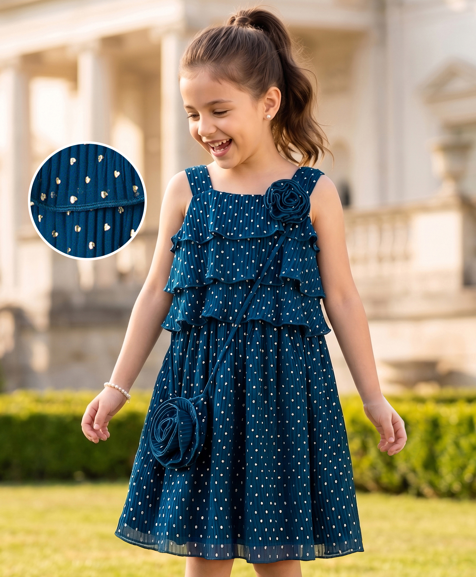 Hola Bonita Woven Foil Printed Tiered Sleeveless Party Dress With Sling Bag - Teal Blue-image-42