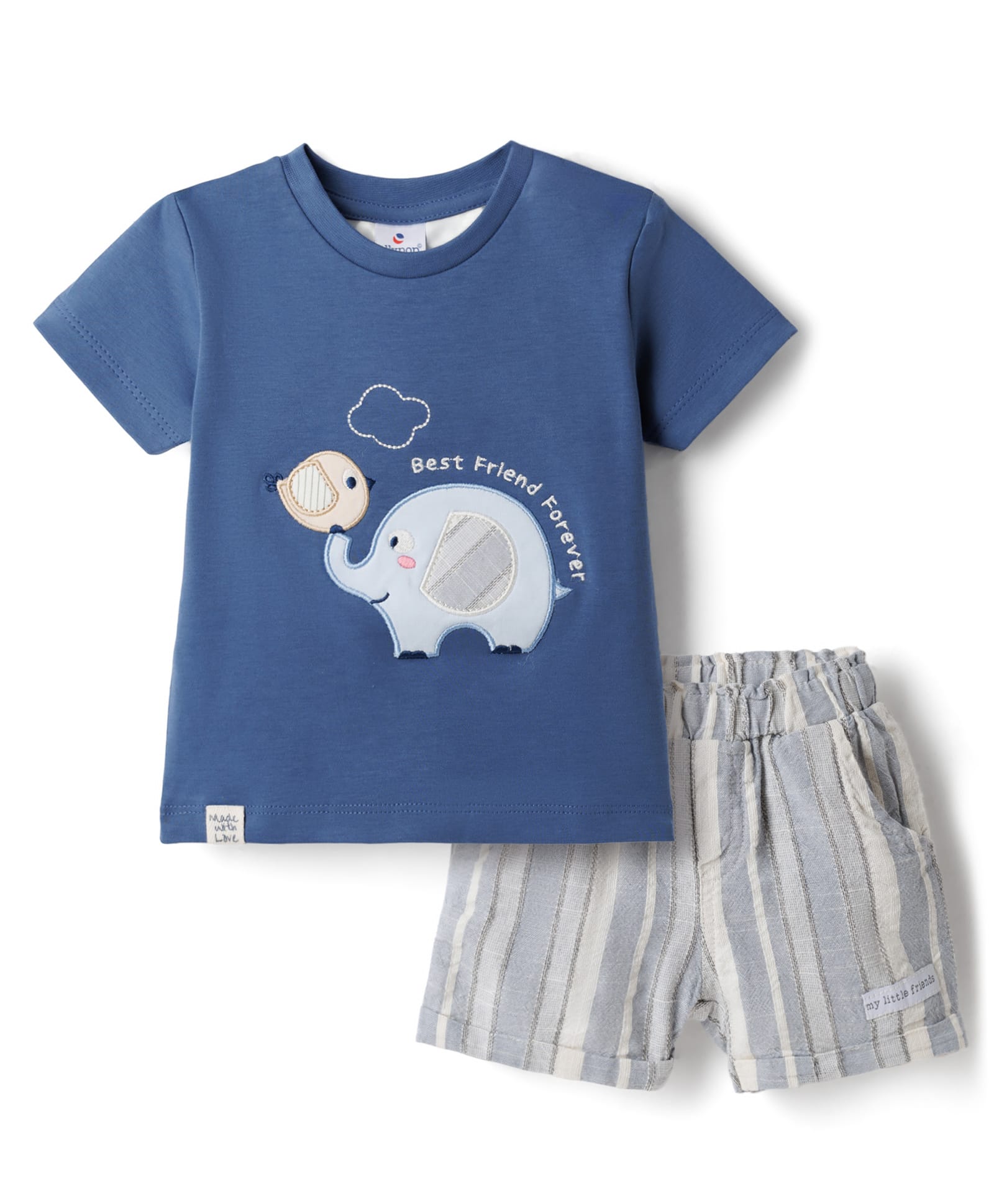 Ollypop Interlock Knit Half Sleeves T-Shirt & Shorts Set with Elephant Embroidery - Blue-picture-29