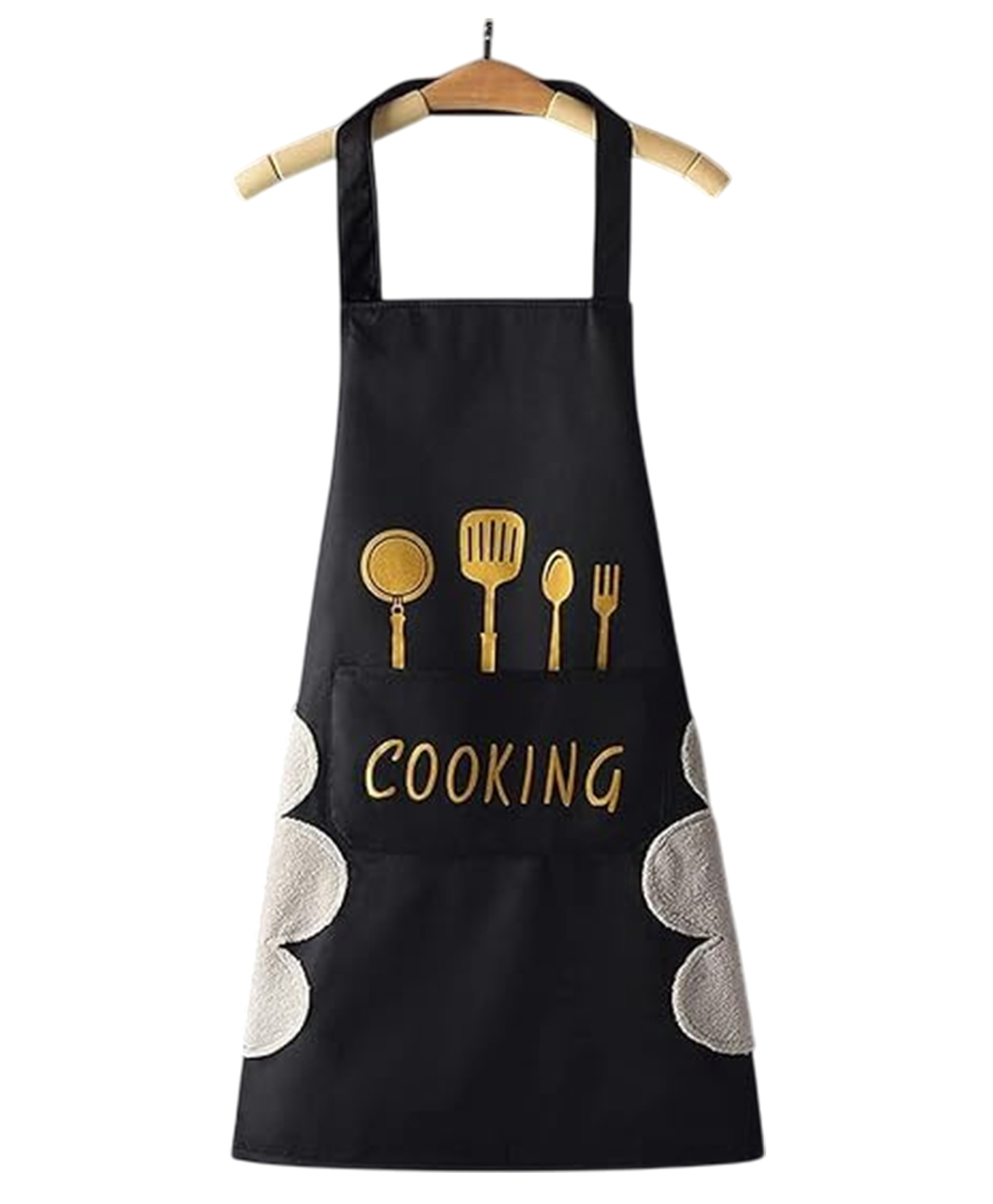 MOMISY Waterproof Kitchen Apron with Pockets & Side Wipe Towel (Black)-image-1