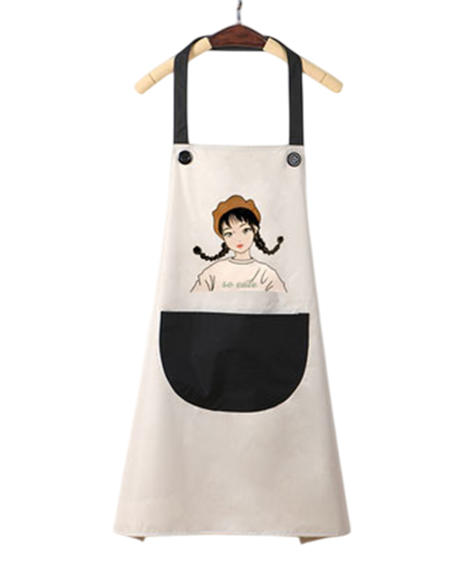 MOMISY Waterproof Kitchen Apron with Large Pocket, Cute Girl Print (OffWhite/Black)-picture-13