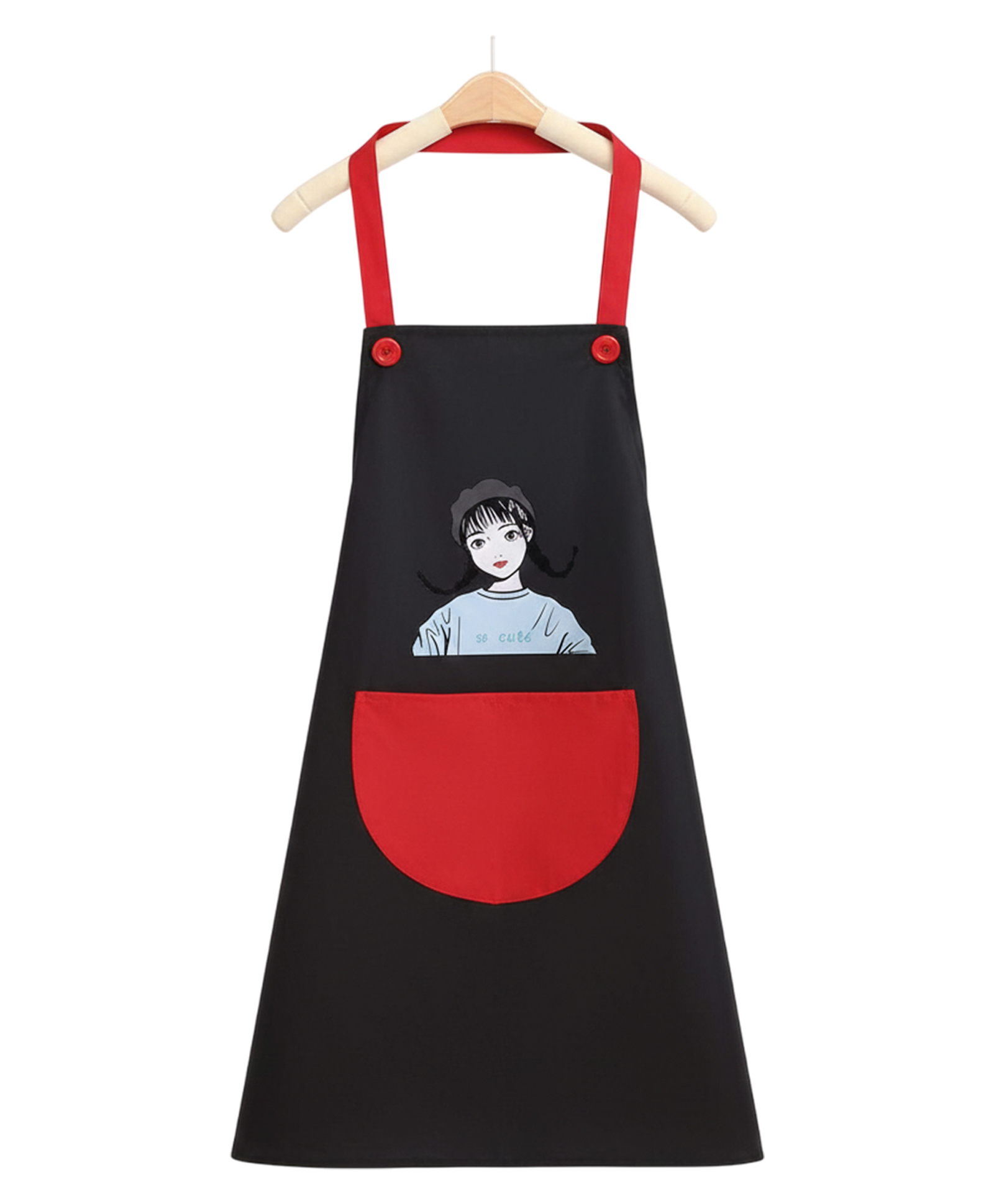 MOMISY Waterproof Kitchen Apron with Large Pocket, Cute Girl Print (Black/Red)-image-41