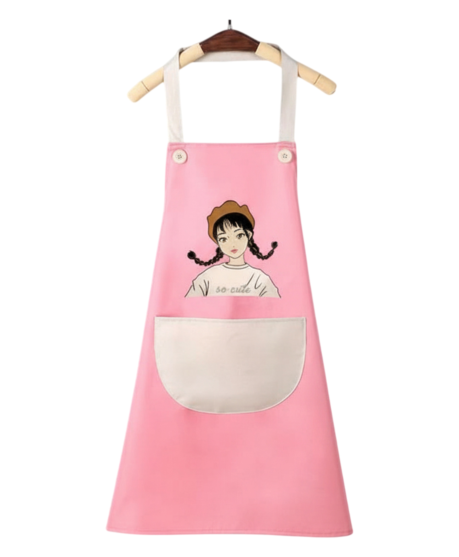 MOMISY Waterproof Kitchen Apron with Large Pocket, Cute Girl Print (Pink & Off White)-image-41