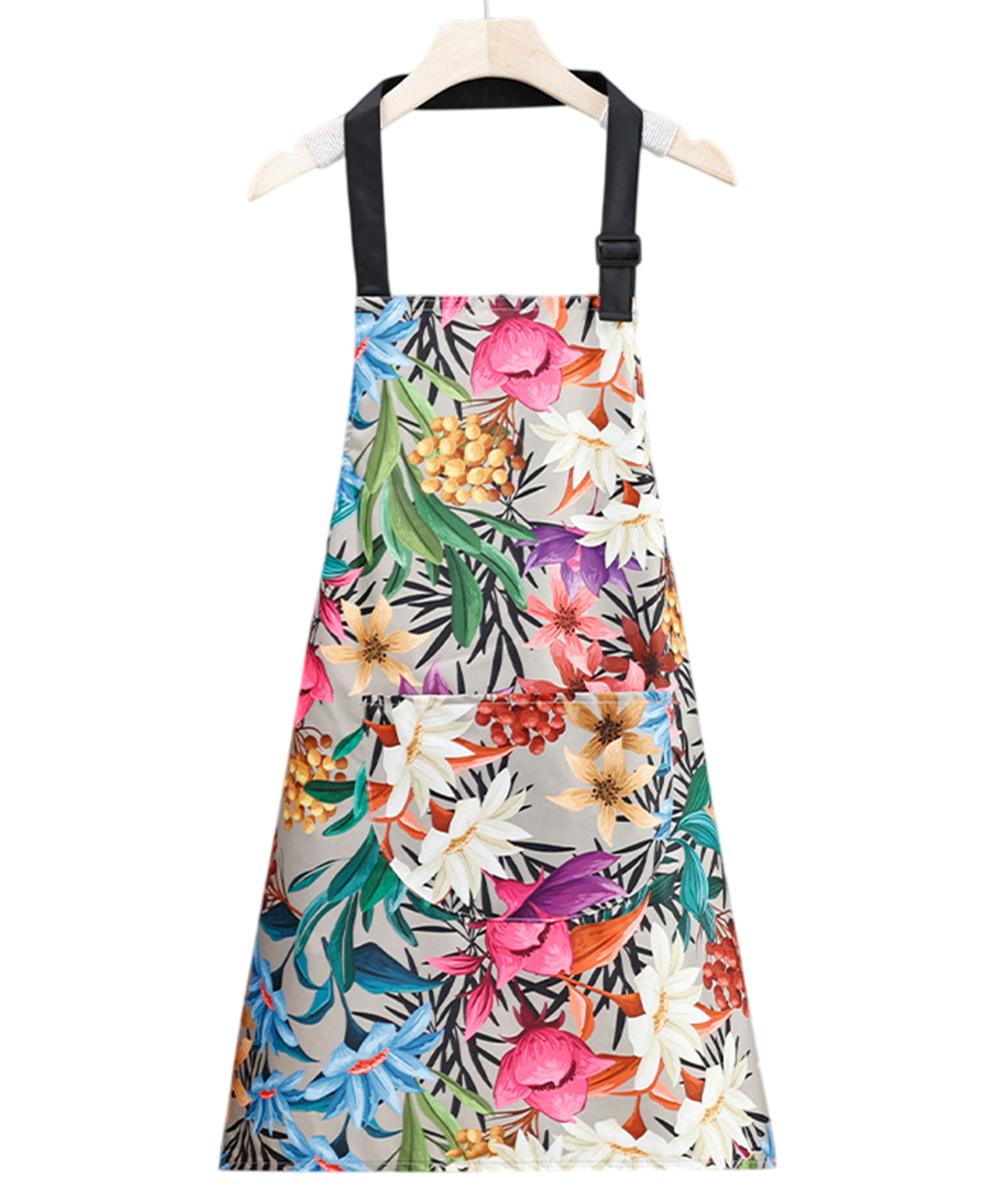 MOMISY Tropical Floral Waterproof Kitchen Apron with Adjustable Strap (Grey)-image-1