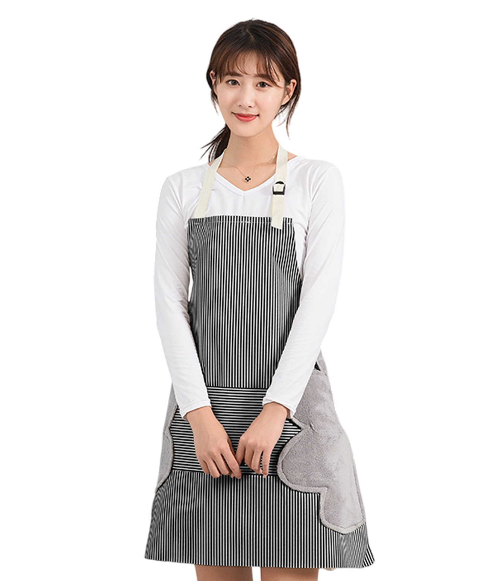MOMISY Waterproof Kitchen Apron with Towel & Pocket, Adjustable Strap (Black)-picture-14