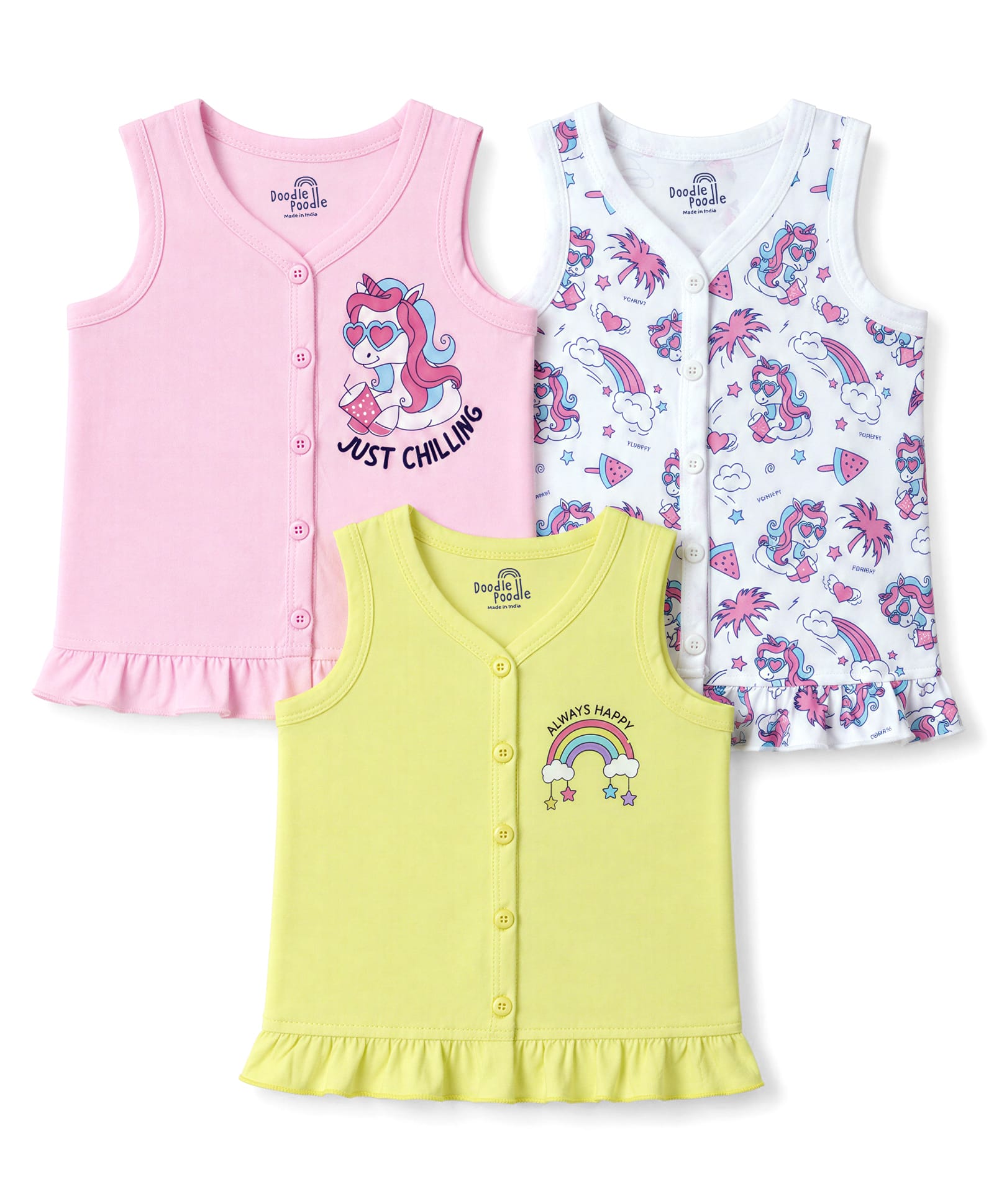 Doodle Poodle 100% Cotton Single Jersey Knit Sleeveless Jhablas With Unicorn Print Pack of 3 - Pink Yellow & White-image-41