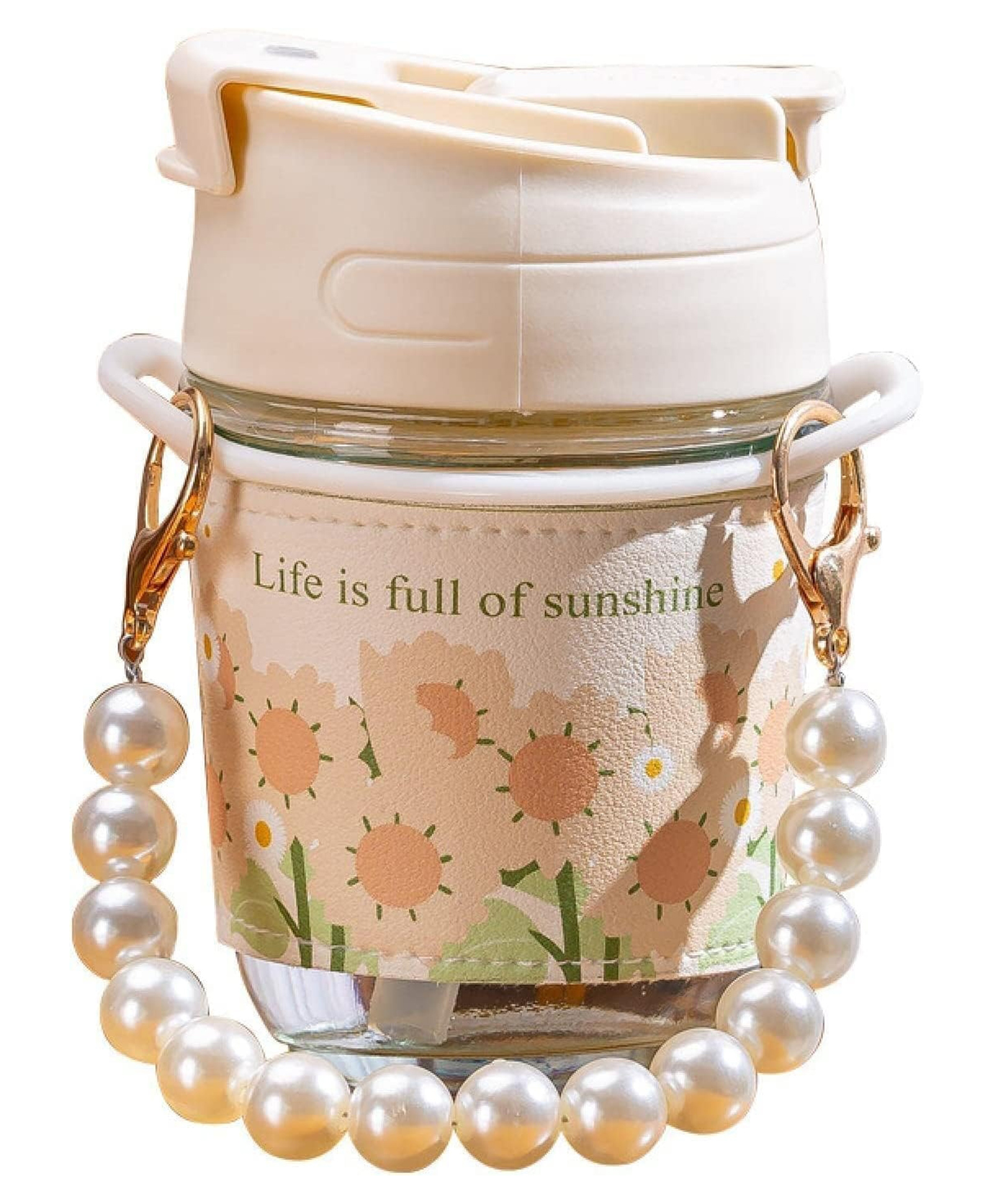 PIPALIYA Floral Print Glass Water Bottle with Pearl Handle & Flip Lid Beige | 350 ML-image-48