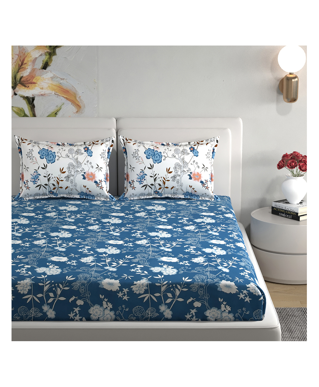 Florida Blue & White Floral Printed Fitted Bedsheet Set (72x78 8 Inch Pocket)-picture-16