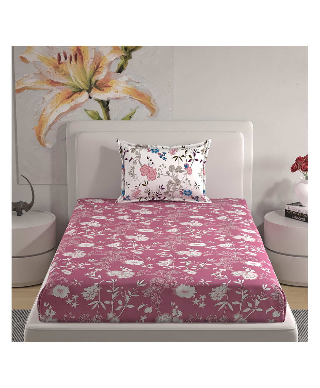 Florida Pink & White Floral Printed Single Bedsheet Set (160x228 cm)-picture-7