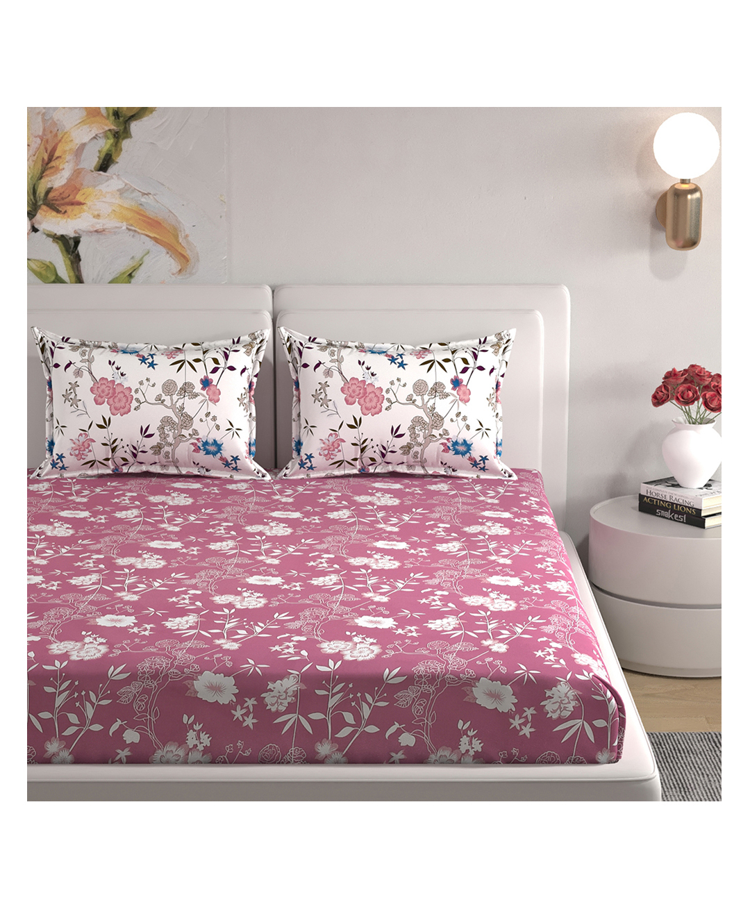 Florida Pink & White Floral Printed Fitted Bedsheet Set (72x78 8 Inch Pocket)-picture-12