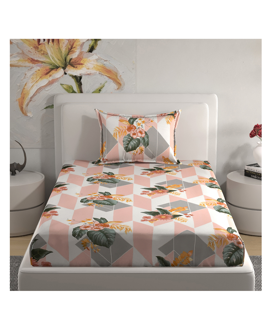 Florida Peach & Grey Floral Printed Single Bedsheet Set (160x228 cm)-image-1