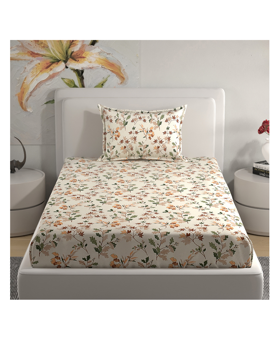 Florida Off White & Brown Floral Printed Single Bedsheet Set (160x228 cm)-image-9