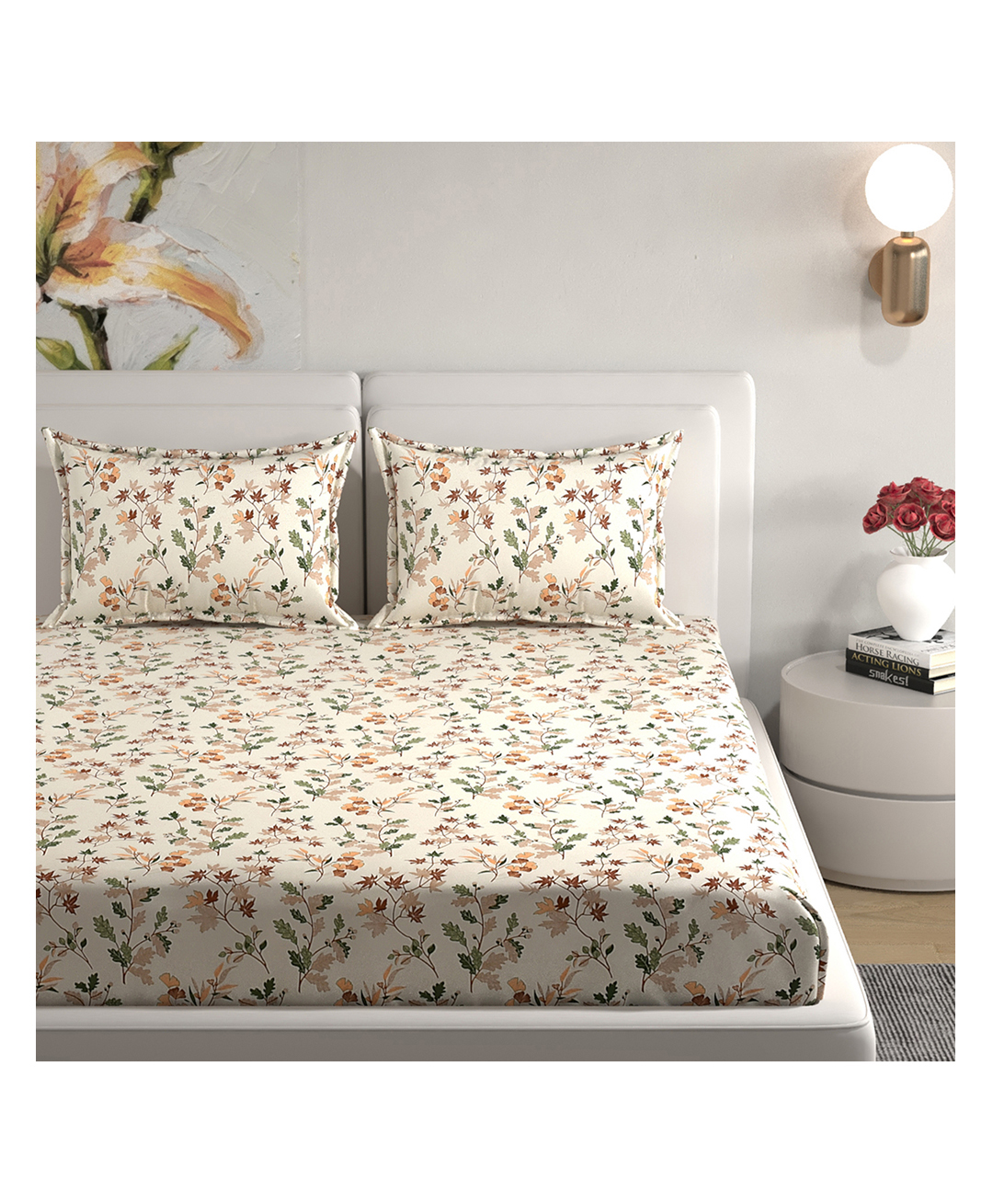 Florida Off White & Brown Floral Printed Fitted Bedsheet Set (72x78 8 Inch Pocket)-image-4