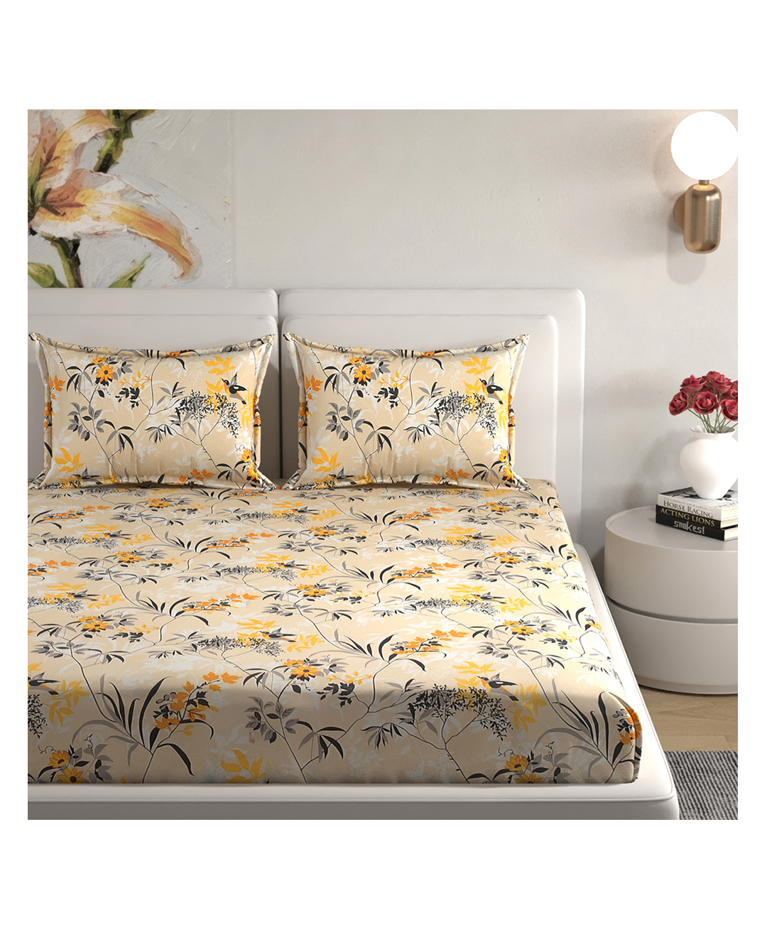 Florida Beige & Mustard Floral Printed King Bedsheet Set (228x275 cm)-picture-19